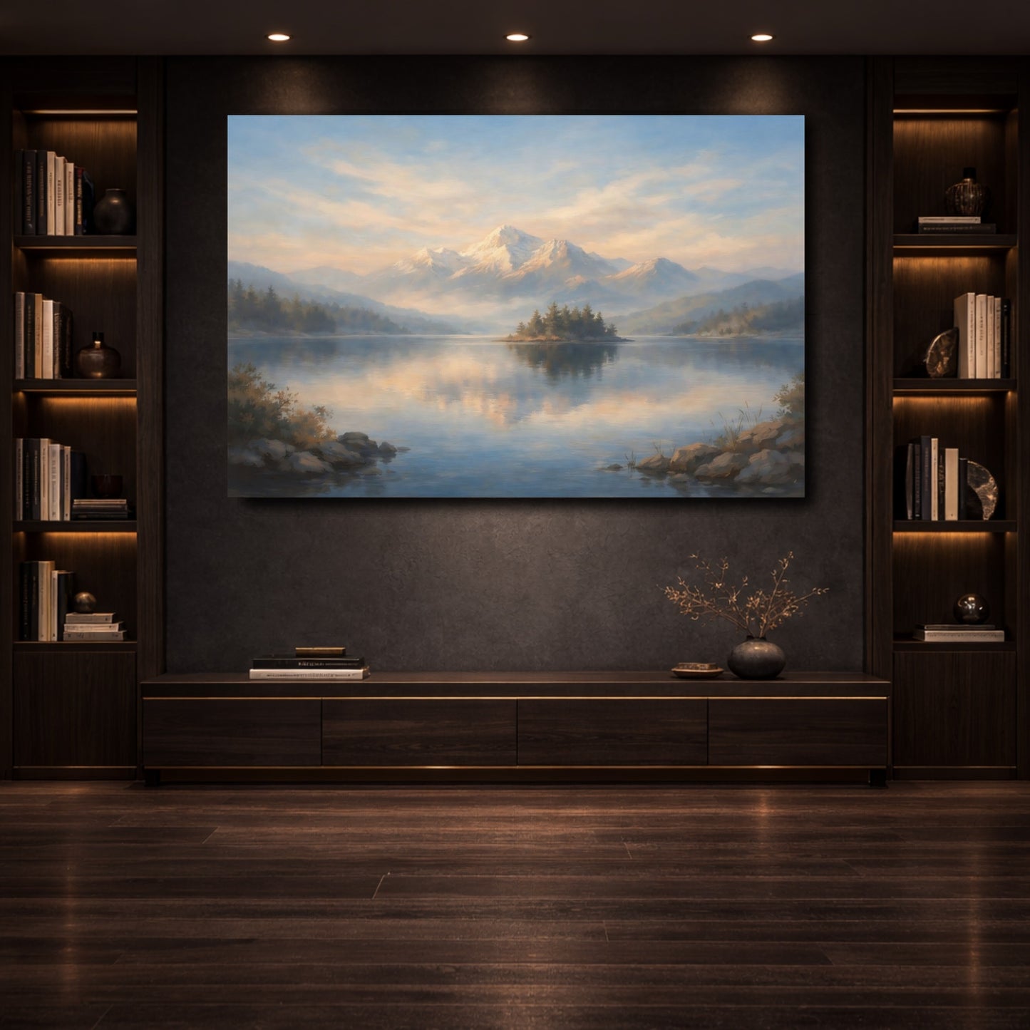 Mockup 3. Nature Mountain Lake Blue And Gold Mountain shown as stretched canvas wall art