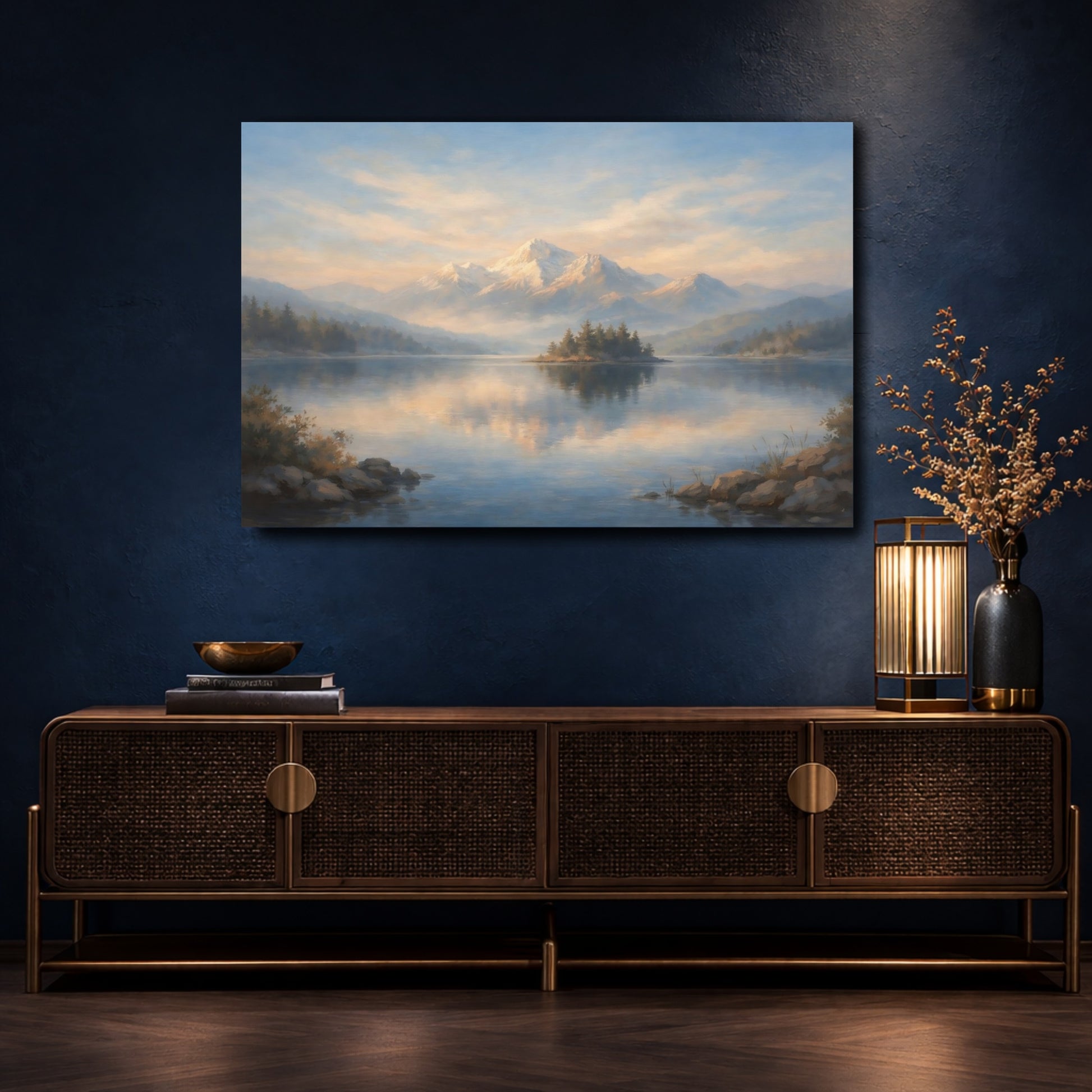 Mockup 4. Nature Mountain Lake Blue And Gold Mountain shown as stretched canvas wall art