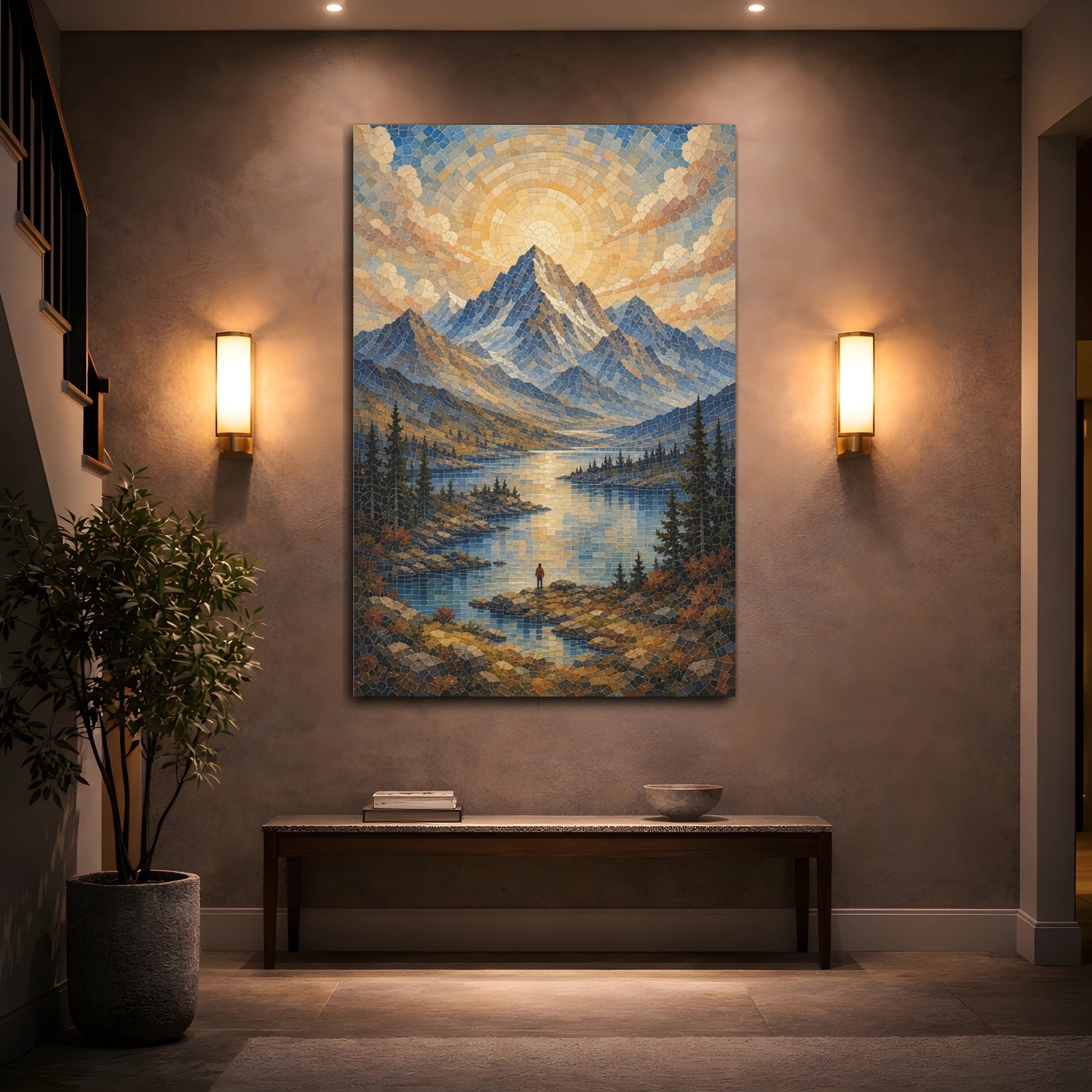 Mockup 2. Nature Mountain Lake Blue And Gold shown as stretched canvas wall art