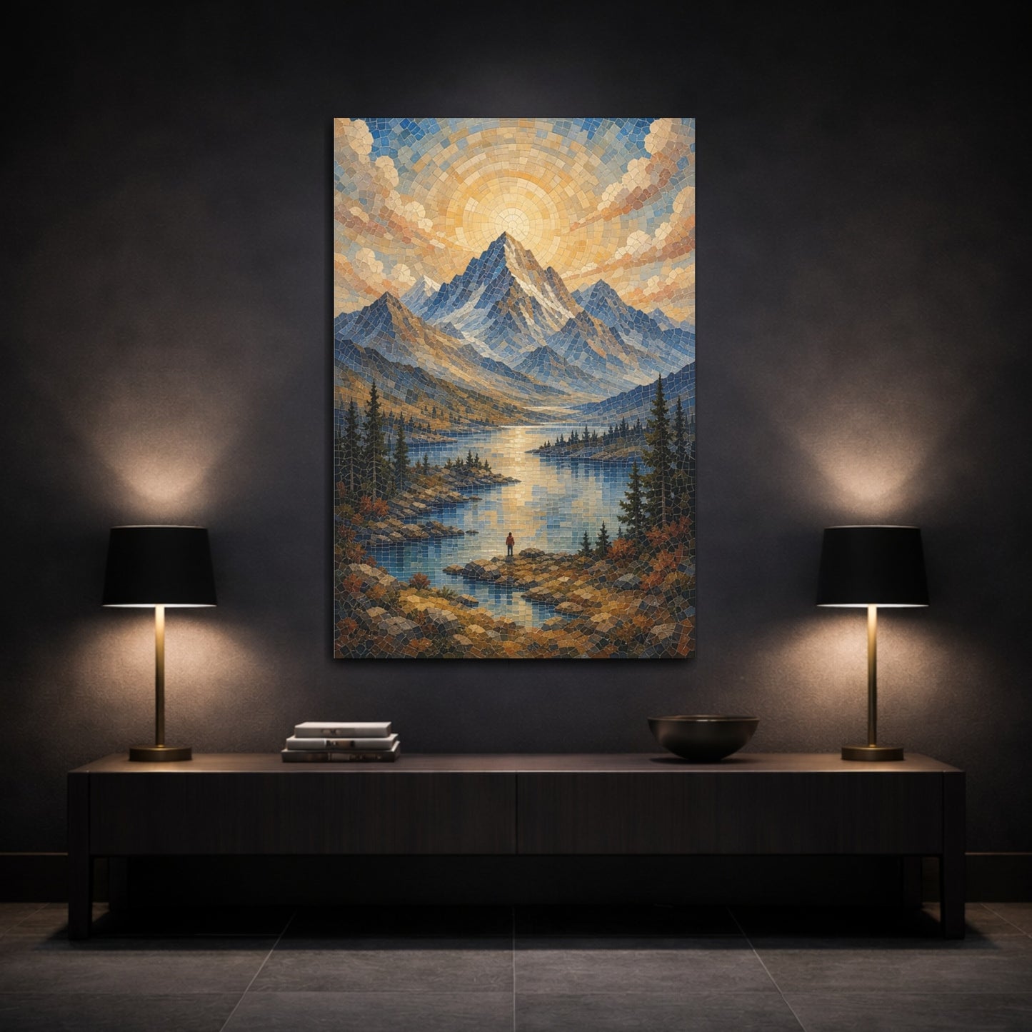 Mockup 3. Nature Mountain Lake Blue And Gold shown as stretched canvas wall art