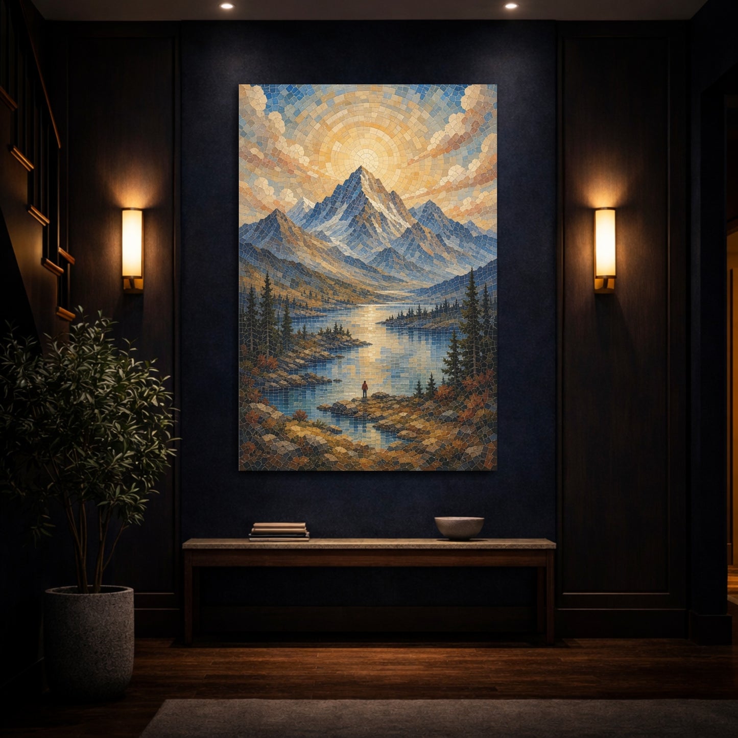 Mockup 4. Nature Mountain Lake Blue And Gold shown as stretched canvas wall art