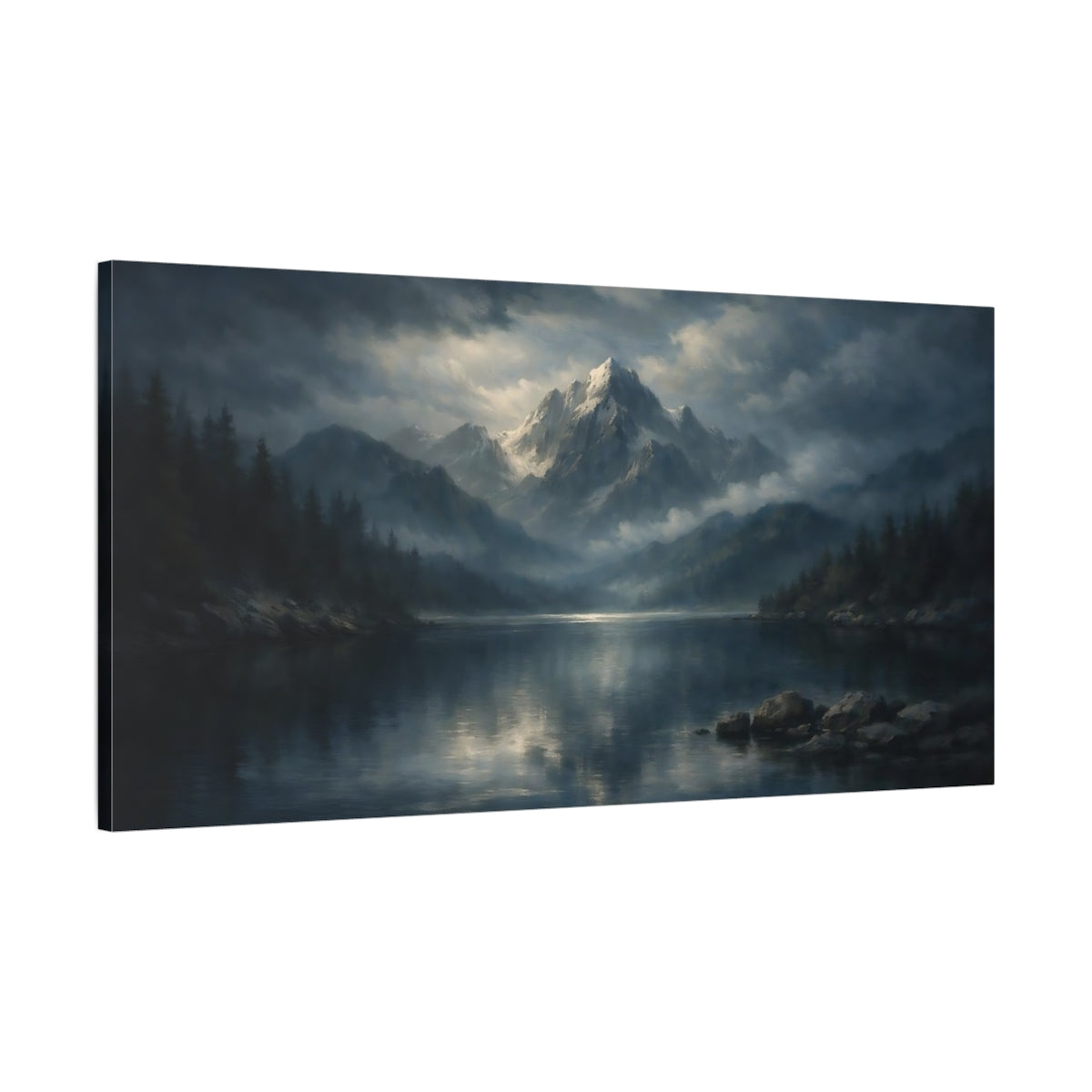 Side Mockup 1. Nature Mountain Lake Blue And Gray Mountains shown as stretched canvas wall art