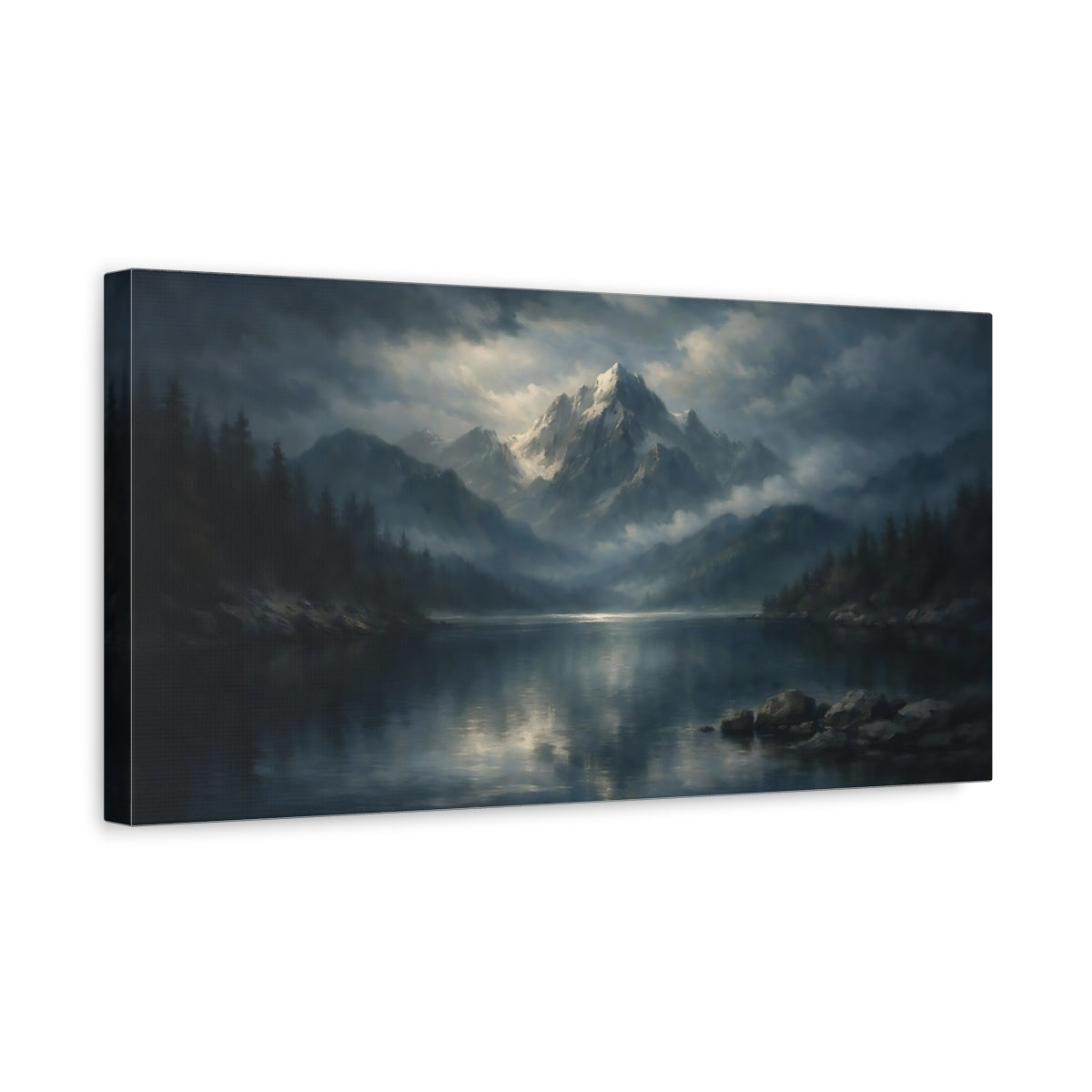 Side Mockup 3. Nature Mountain Lake Blue And Gray Mountains shown as stretched canvas wall art