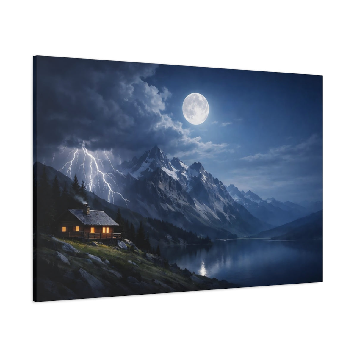 Side Mockup 1. Nature Mountain Lake Blue And Gray Landscape shown as stretched canvas wall art