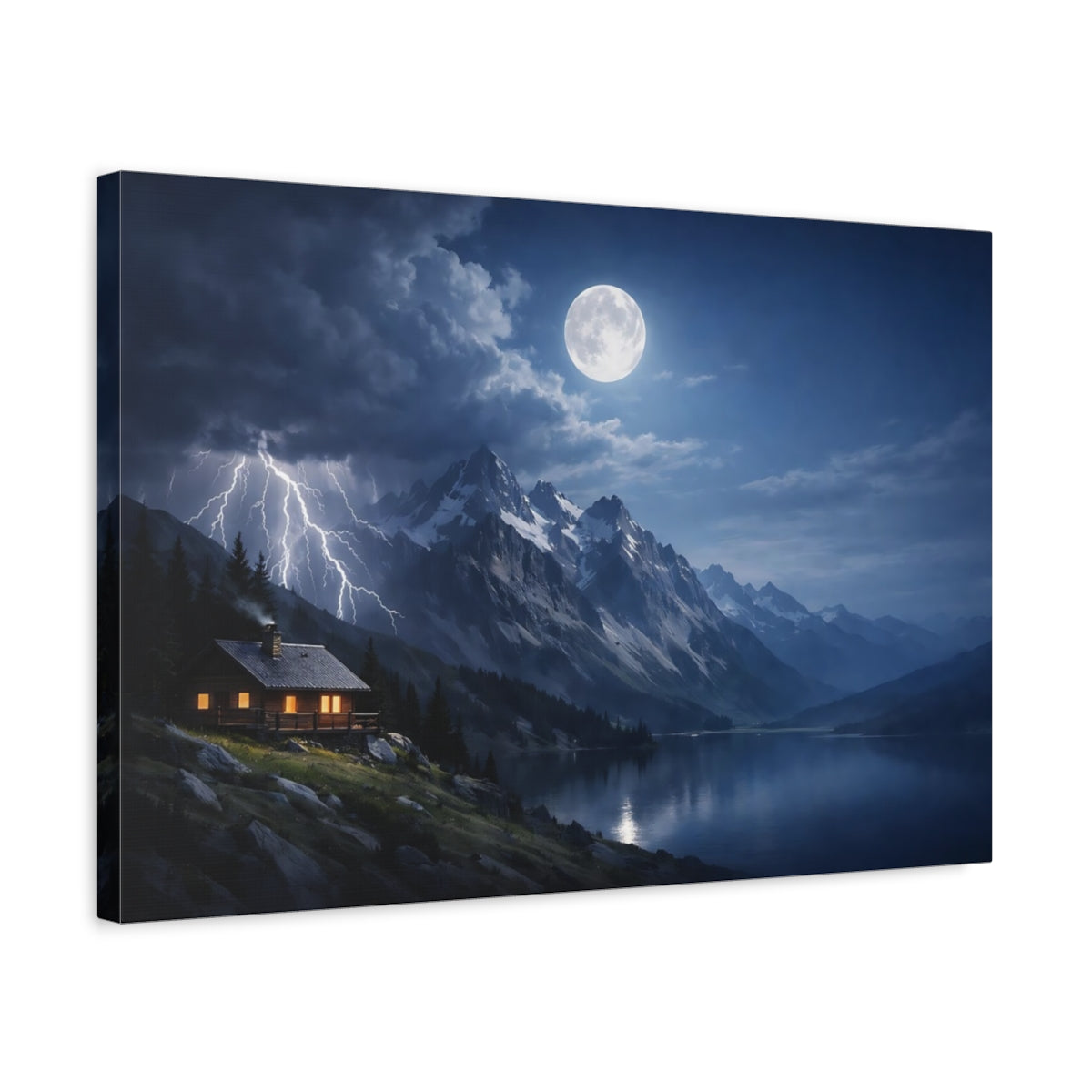 Side Mockup 3. Nature Mountain Lake Blue And Gray Landscape shown as stretched canvas wall art