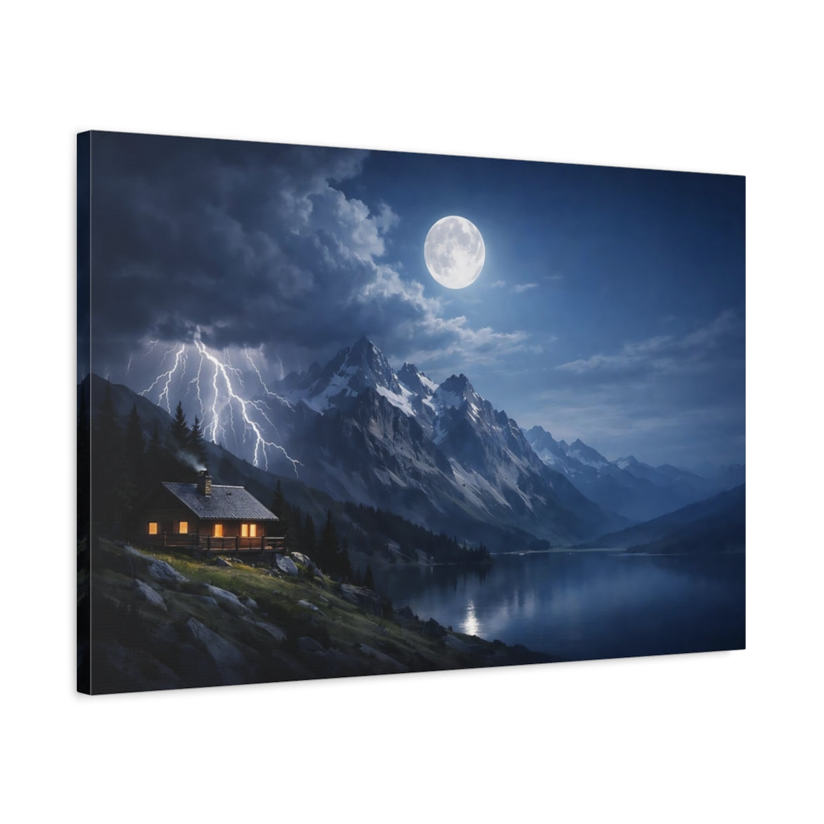 Side Mockup 2. Nature Mountain Lake Blue And Gray Landscape shown as stretched canvas wall art