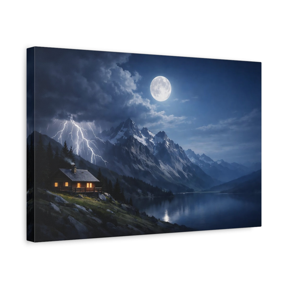 Side Mockup 4. Nature Mountain Lake Blue And Gray Landscape shown as stretched canvas wall art