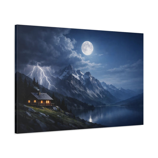 Main Mockup. Nature Mountain Lake Blue And Gray Landscape shown as stretched canvas wall art
