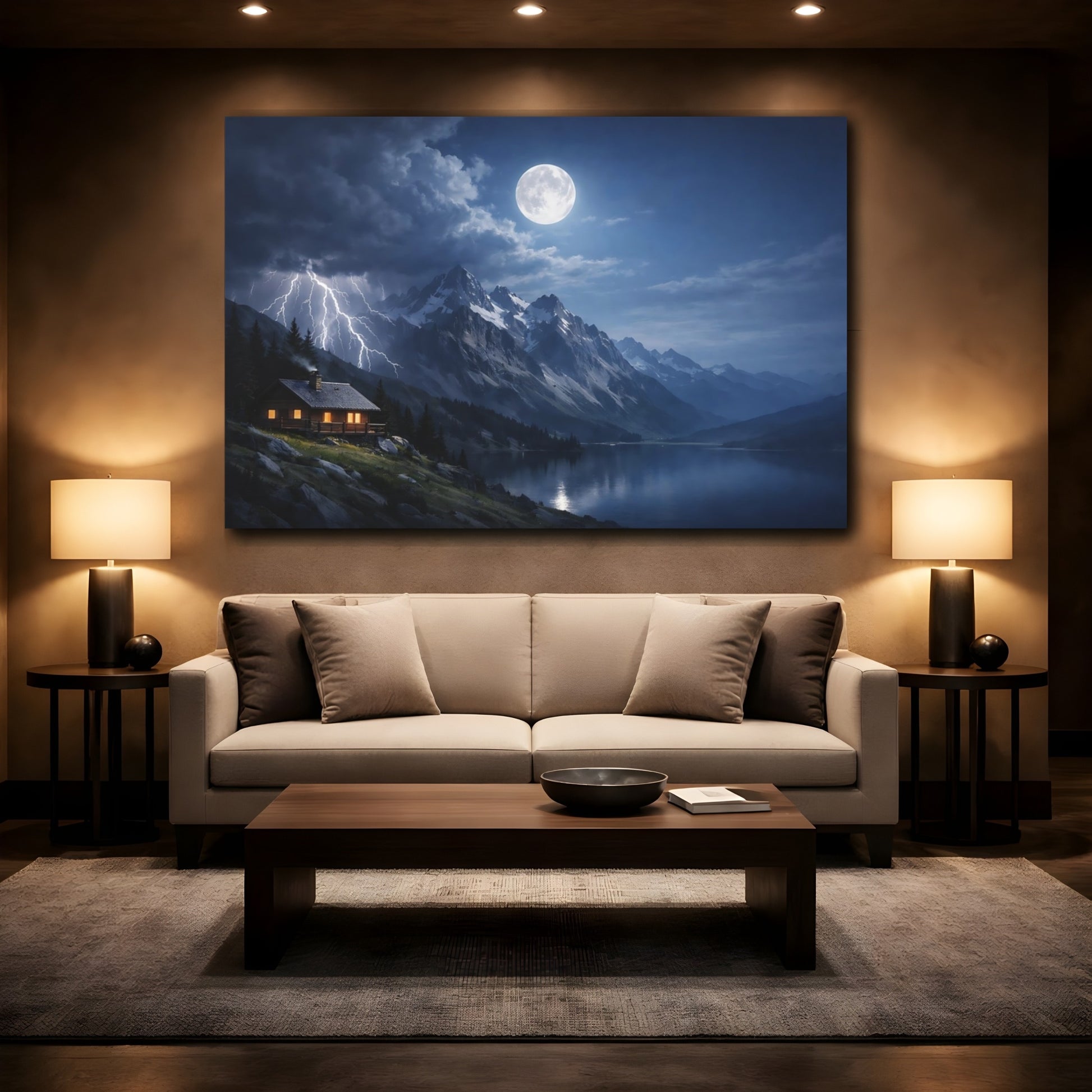 Mockup 2. Nature Mountain Lake Blue And Gray Landscape shown as stretched canvas wall art