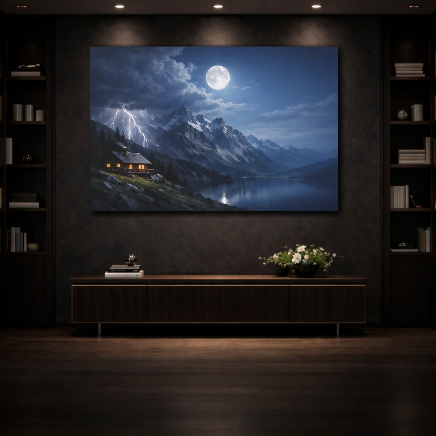 Mockup 3. Nature Mountain Lake Blue And Gray Landscape shown as stretched canvas wall art