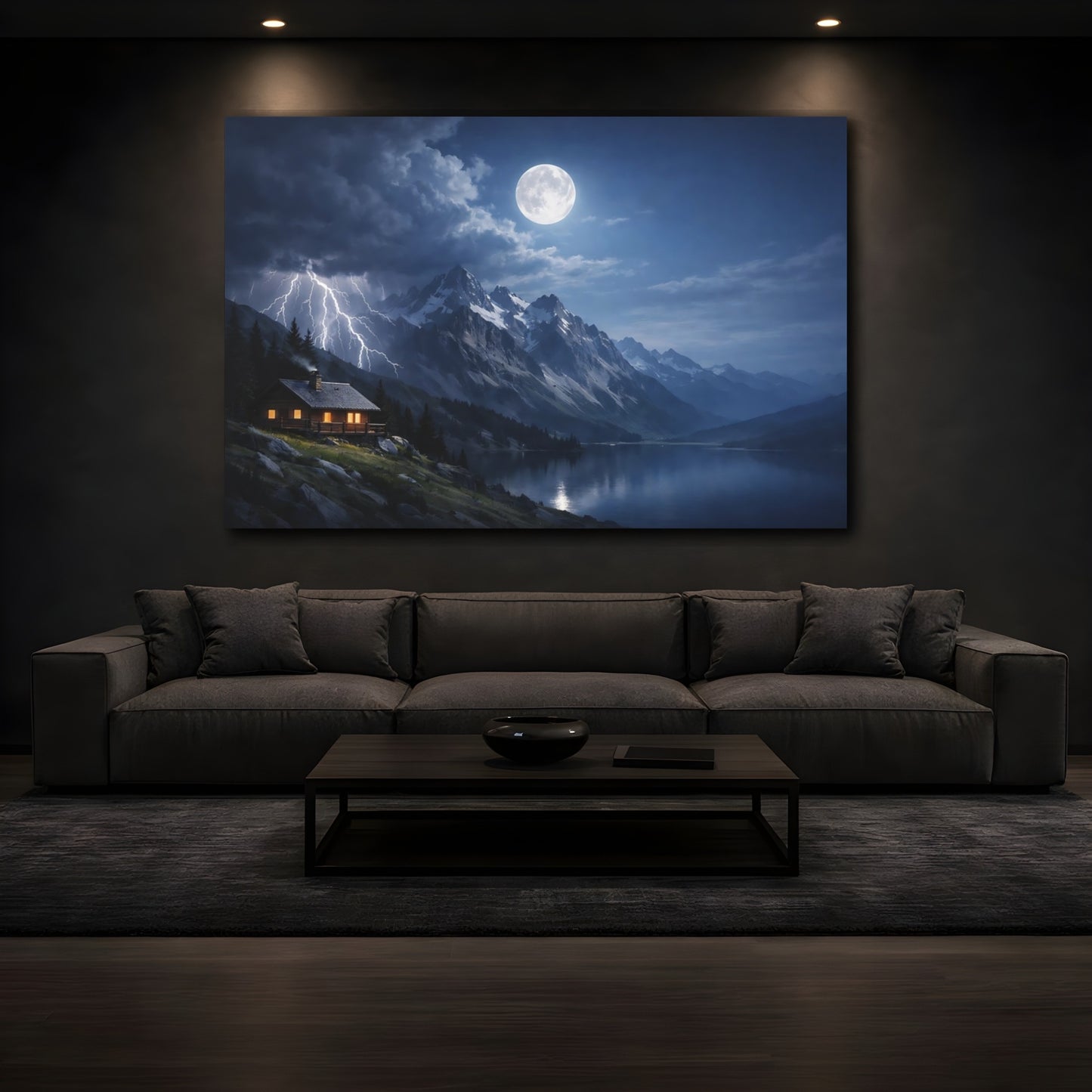 Mockup 4. Nature Mountain Lake Blue And Gray Landscape shown as stretched canvas wall art