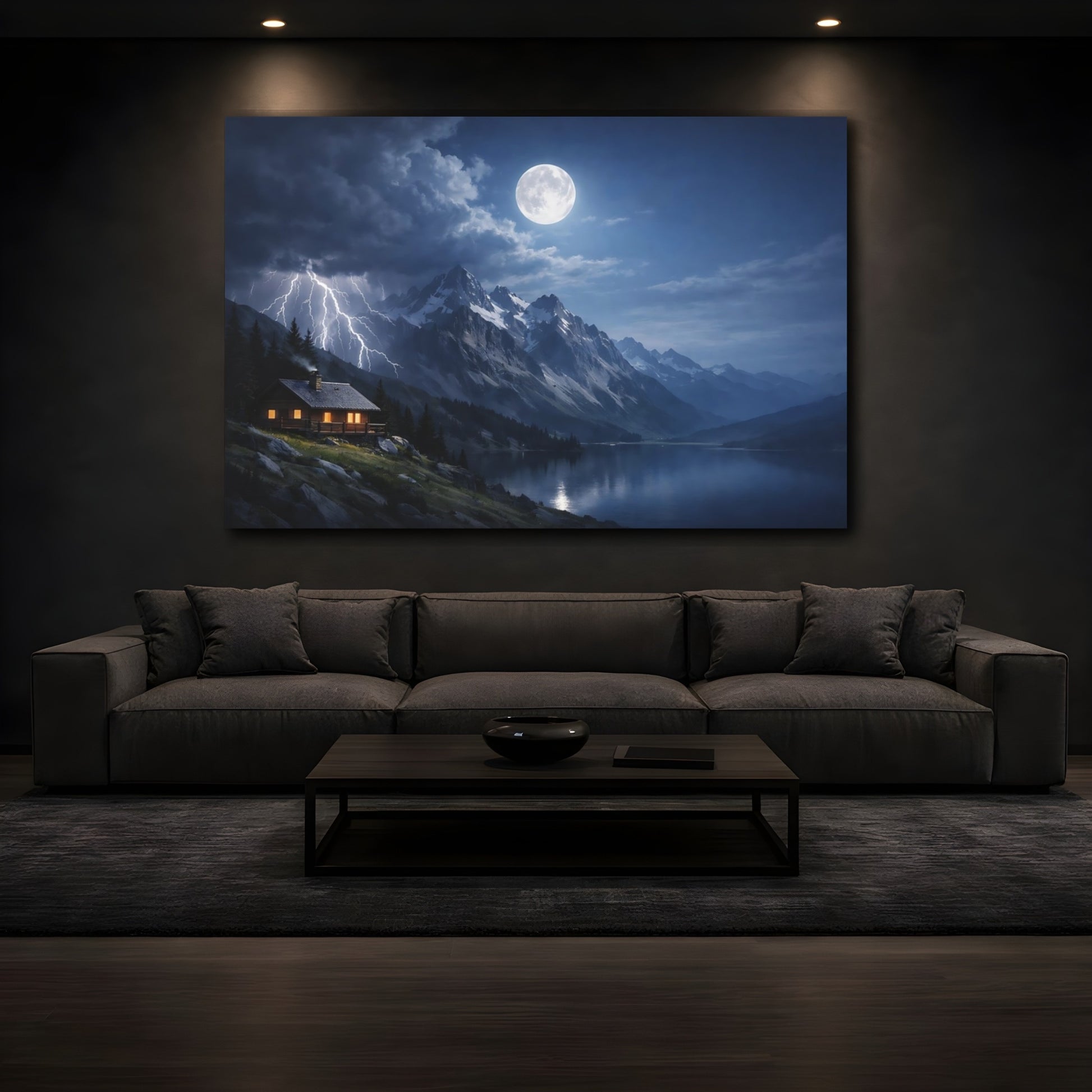 Mockup 4. Nature Mountain Lake Blue And Gray Landscape shown as stretched canvas wall art