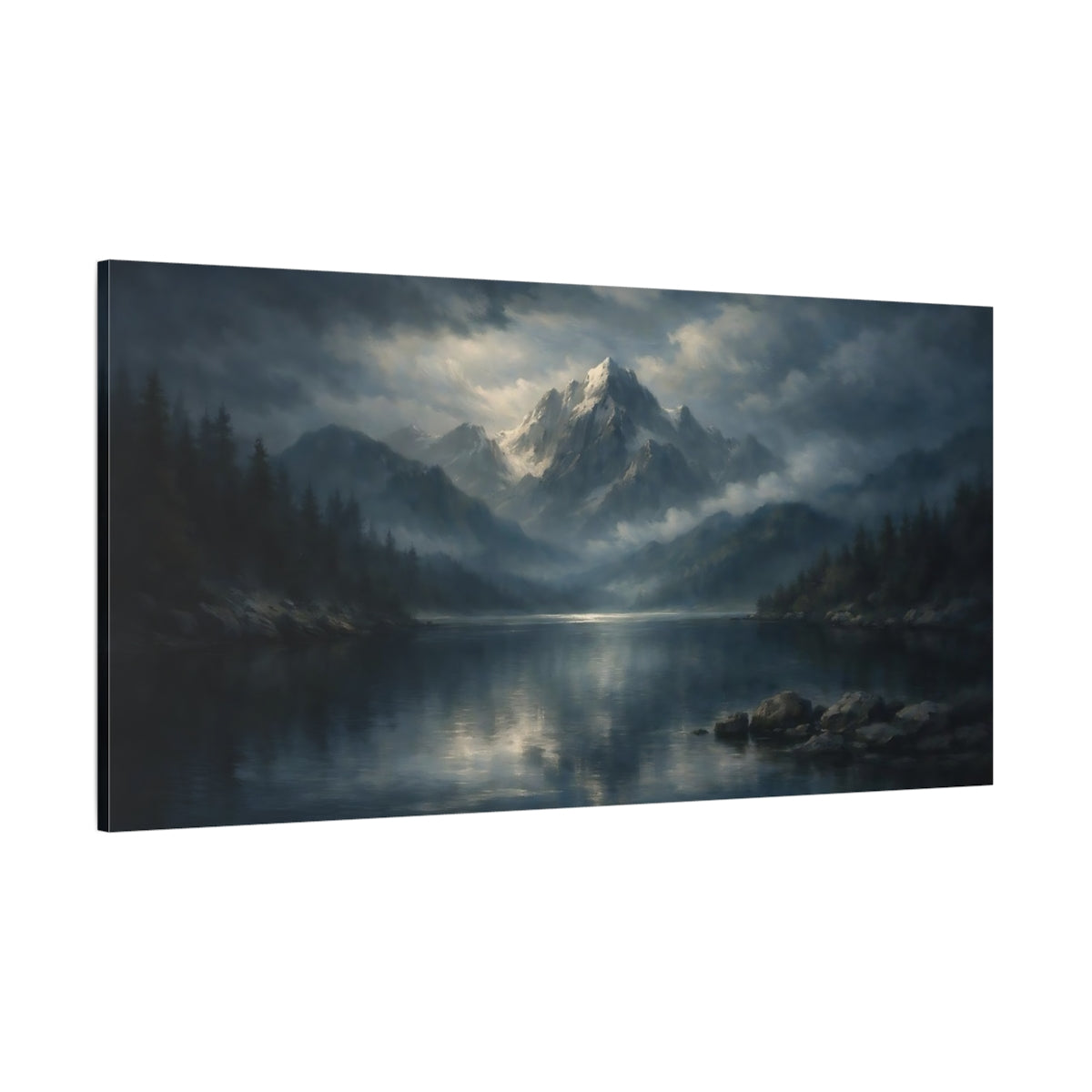 Main Mockup. Nature Mountain Lake Blue And Gray Mountains shown as stretched canvas wall art