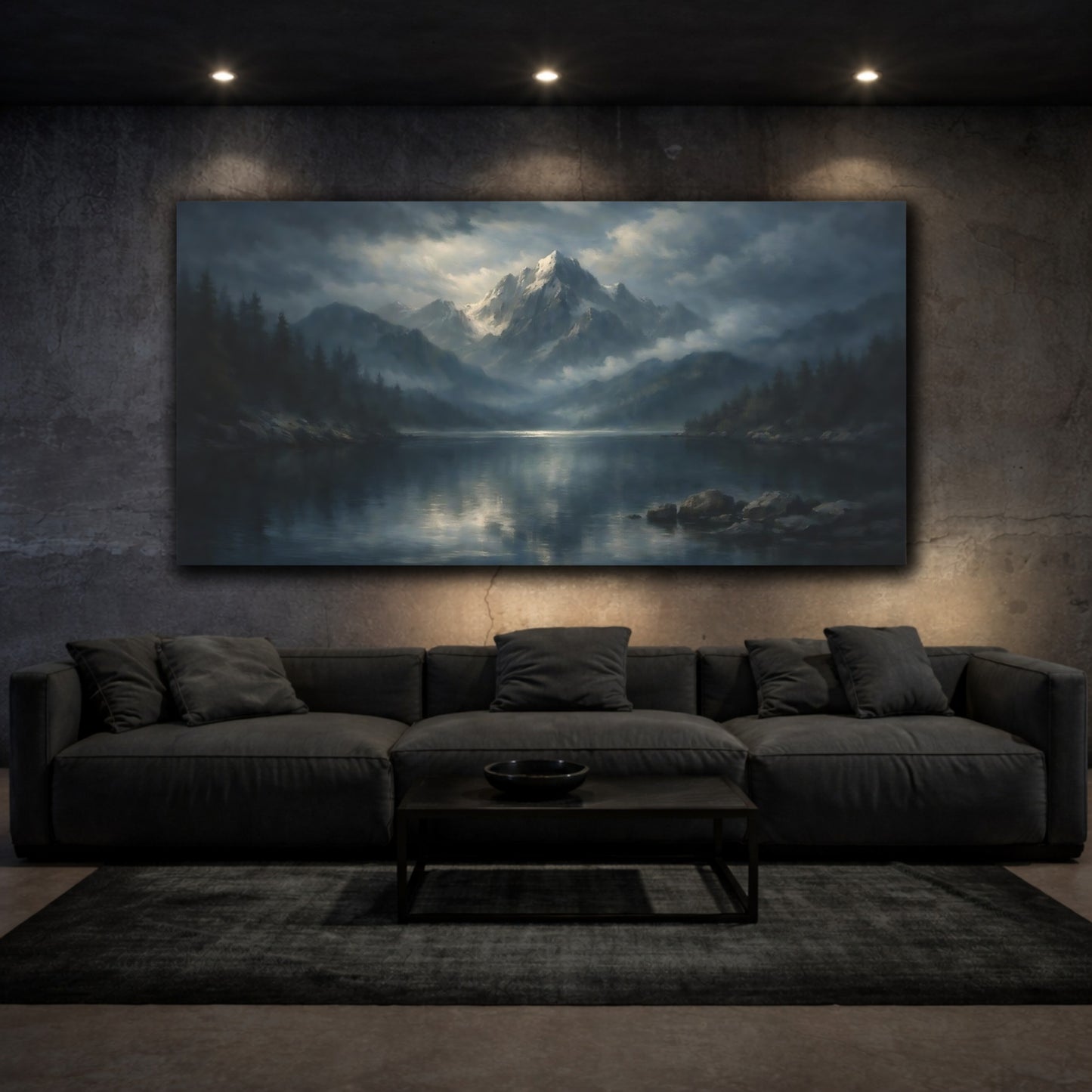 Mockup 2. Nature Mountain Lake Blue And Gray Mountains shown as stretched canvas wall art