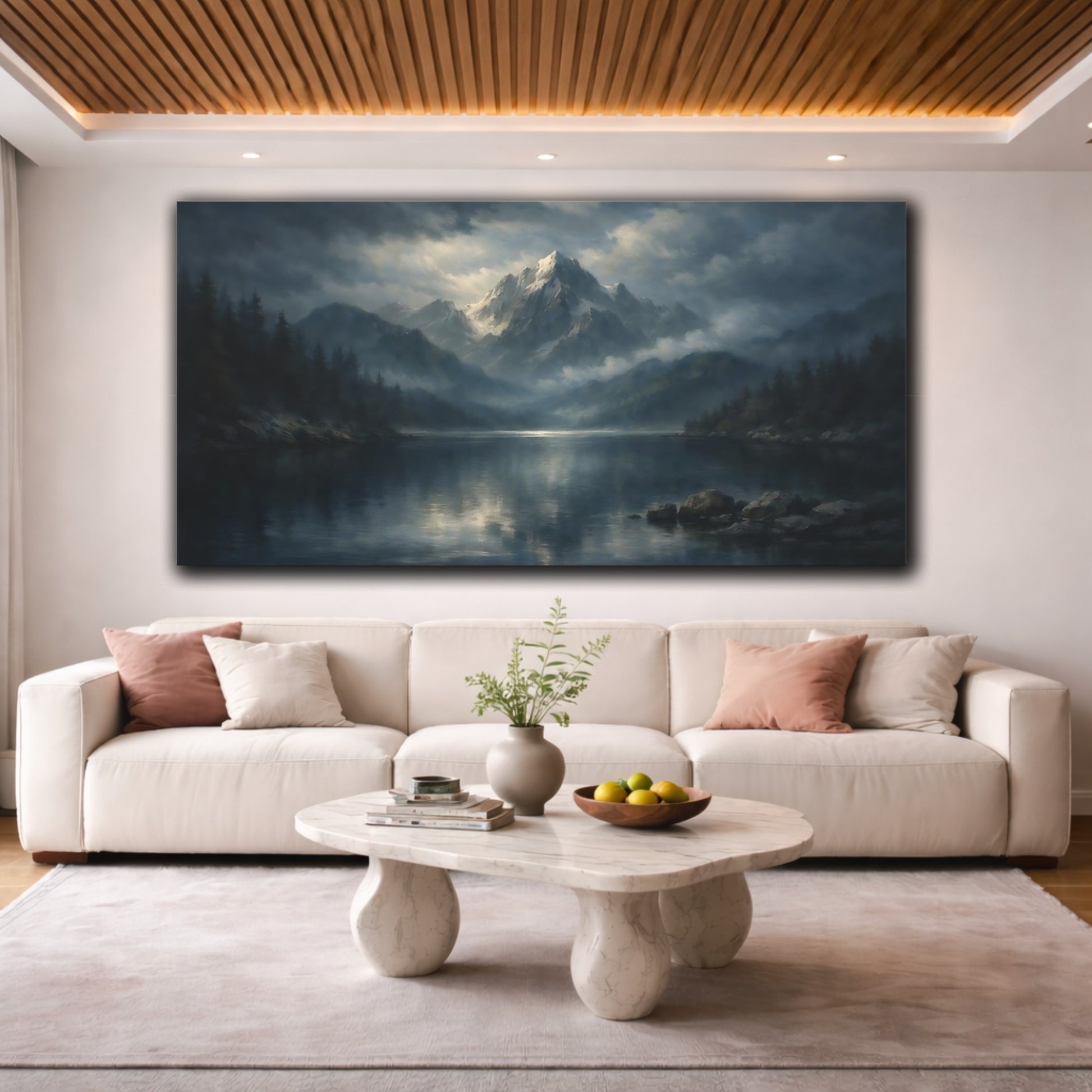 Mockup 3. Nature Mountain Lake Blue And Gray Mountains shown as stretched canvas wall art