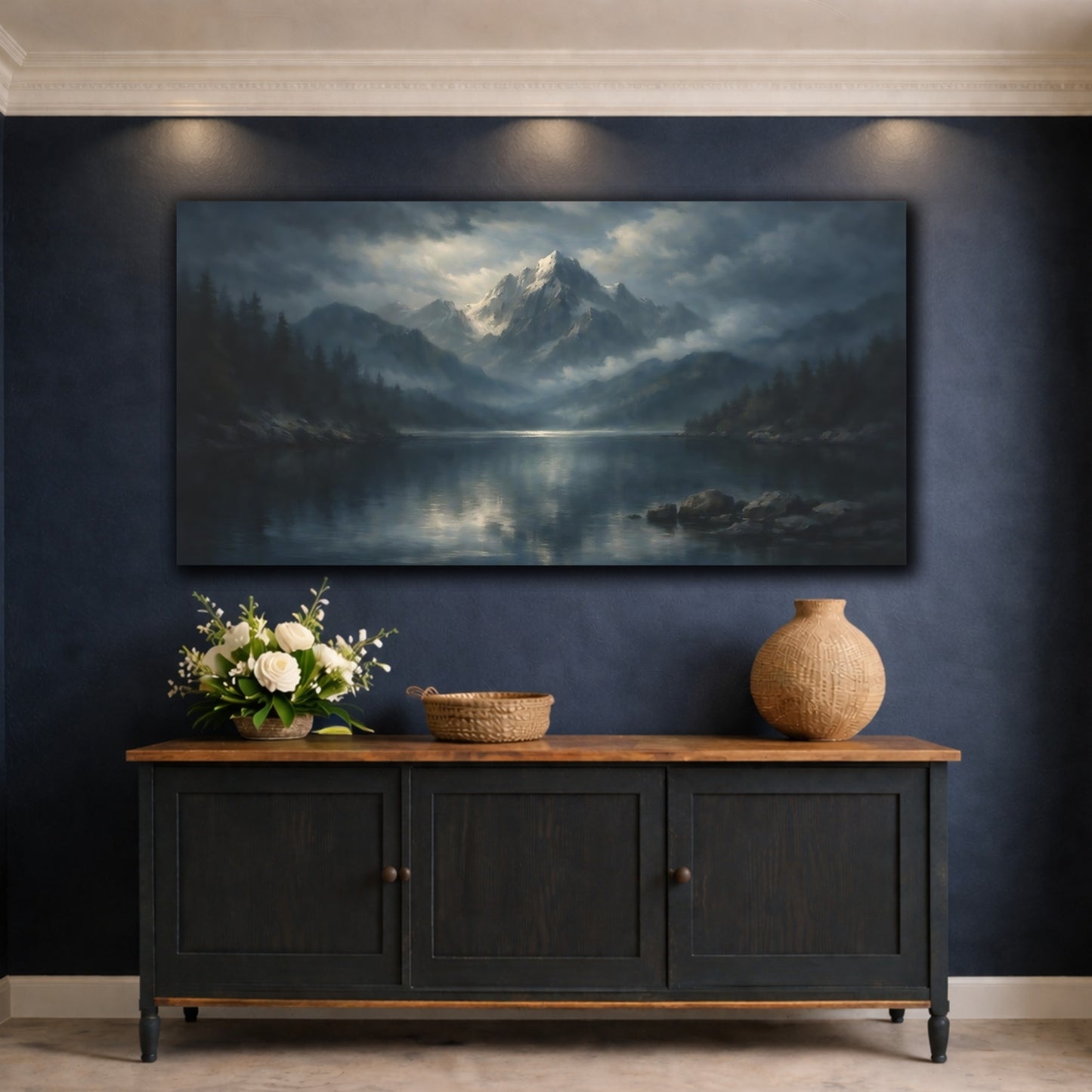 Mockup 4. Nature Mountain Lake Blue And Gray Mountains shown as stretched canvas wall art