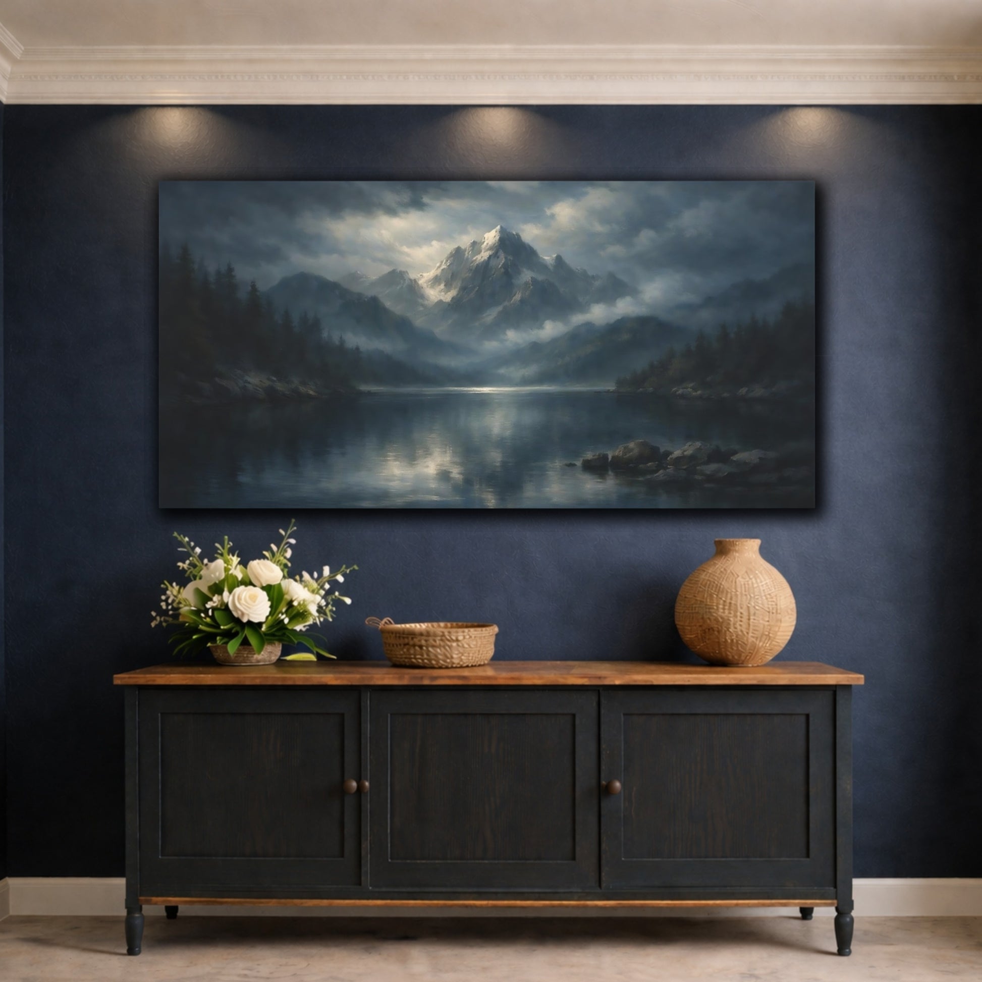 Mockup 4. Nature Mountain Lake Blue And Gray Mountains shown as stretched canvas wall art