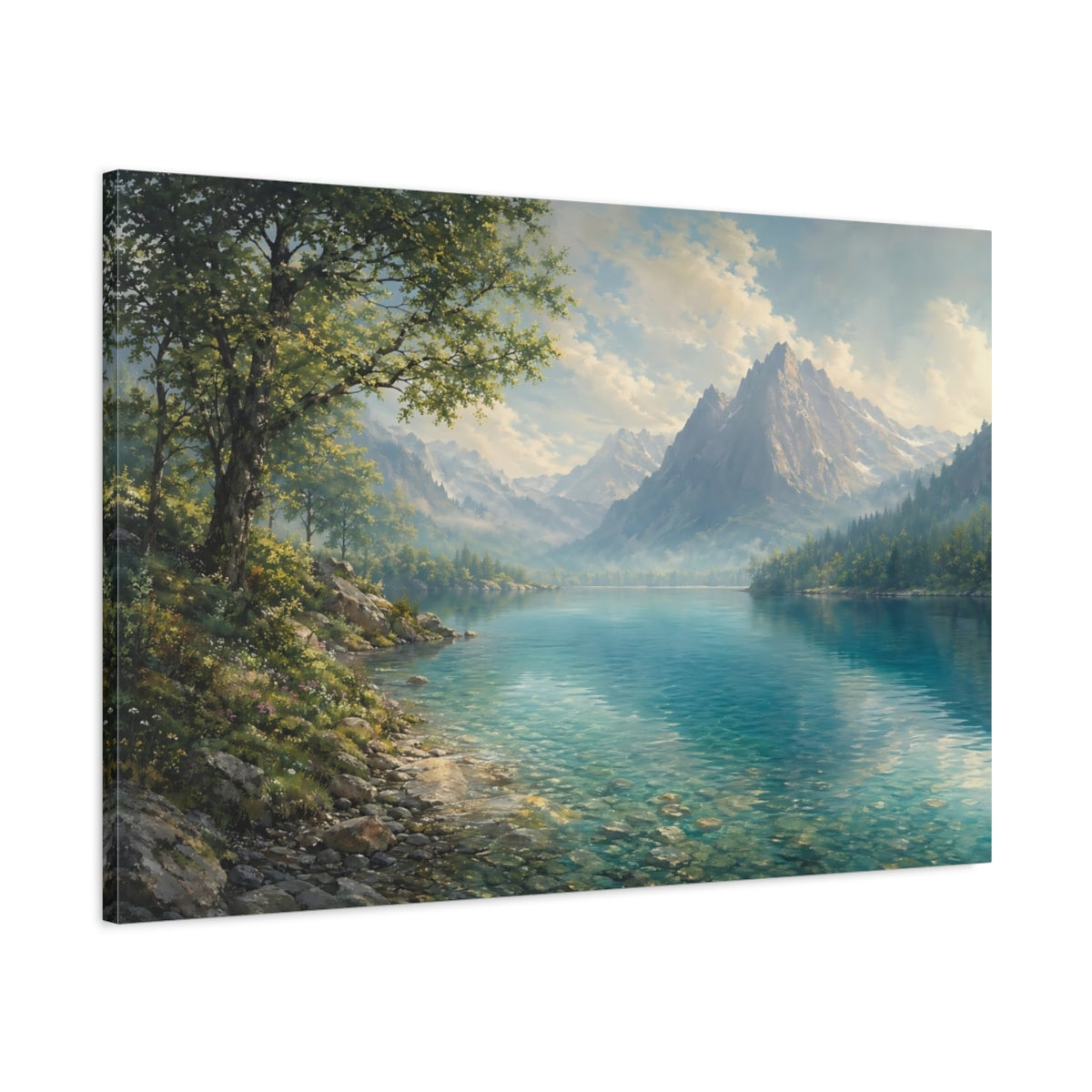 Main Mockup. Nature Mountain Lake Blue And Green shown as stretched canvas wall art
