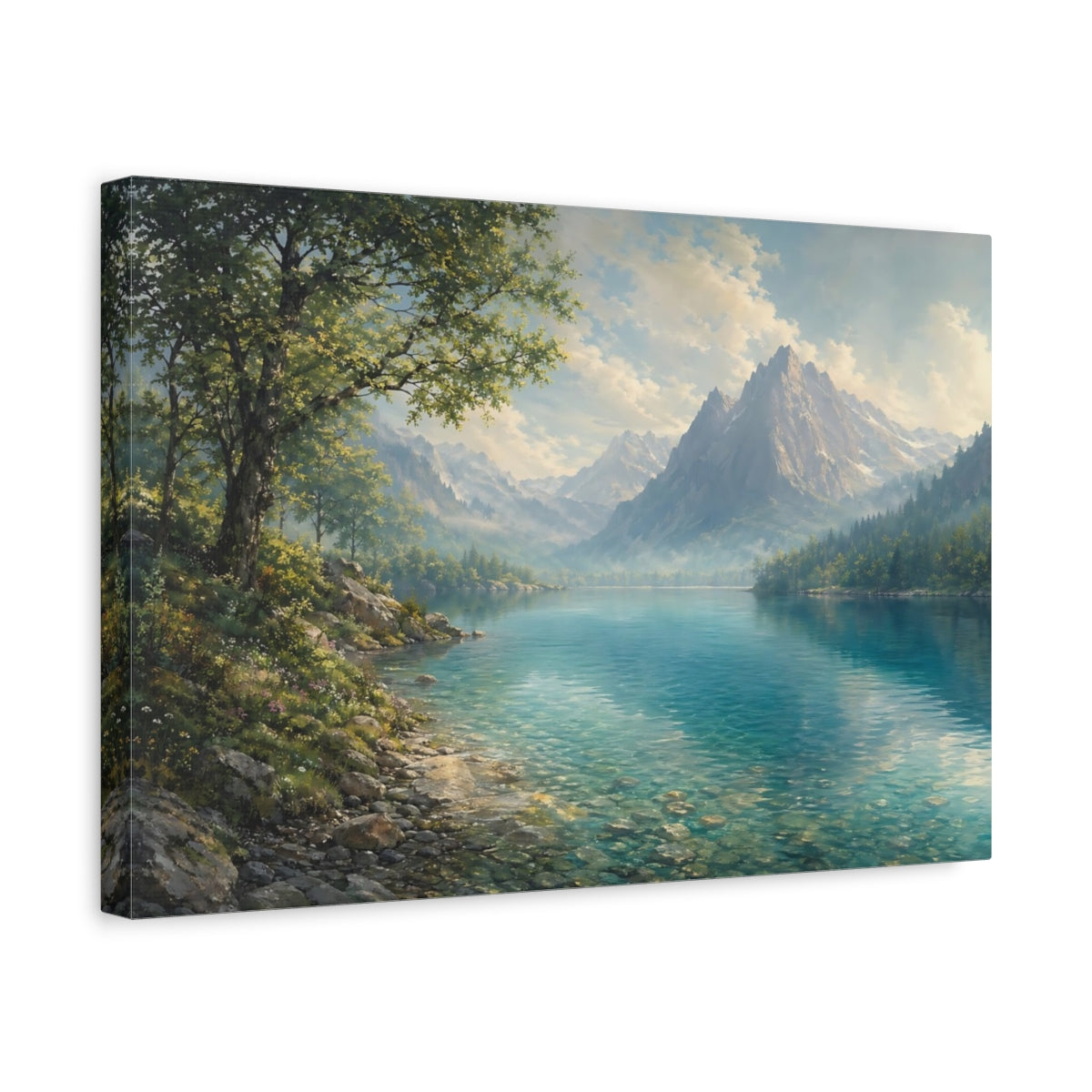 Side Mockup 4. Nature Mountain Lake Blue And Green shown as stretched canvas wall art