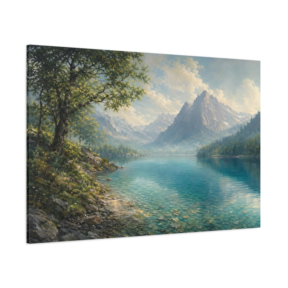 Side Mockup 1. Nature Mountain Lake Blue And Green shown as stretched canvas wall art