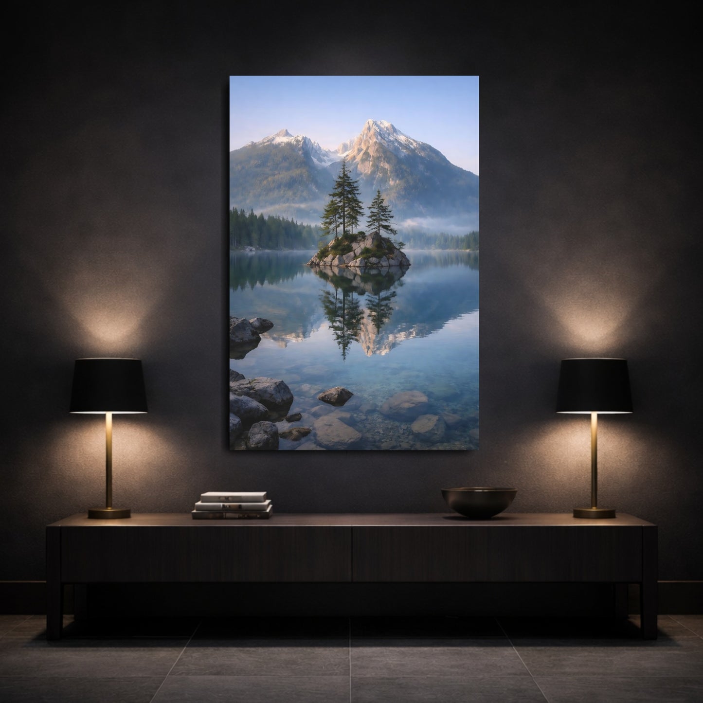 Nature Mountain Lake Blue And Green Lake shown as front canvas room wall art