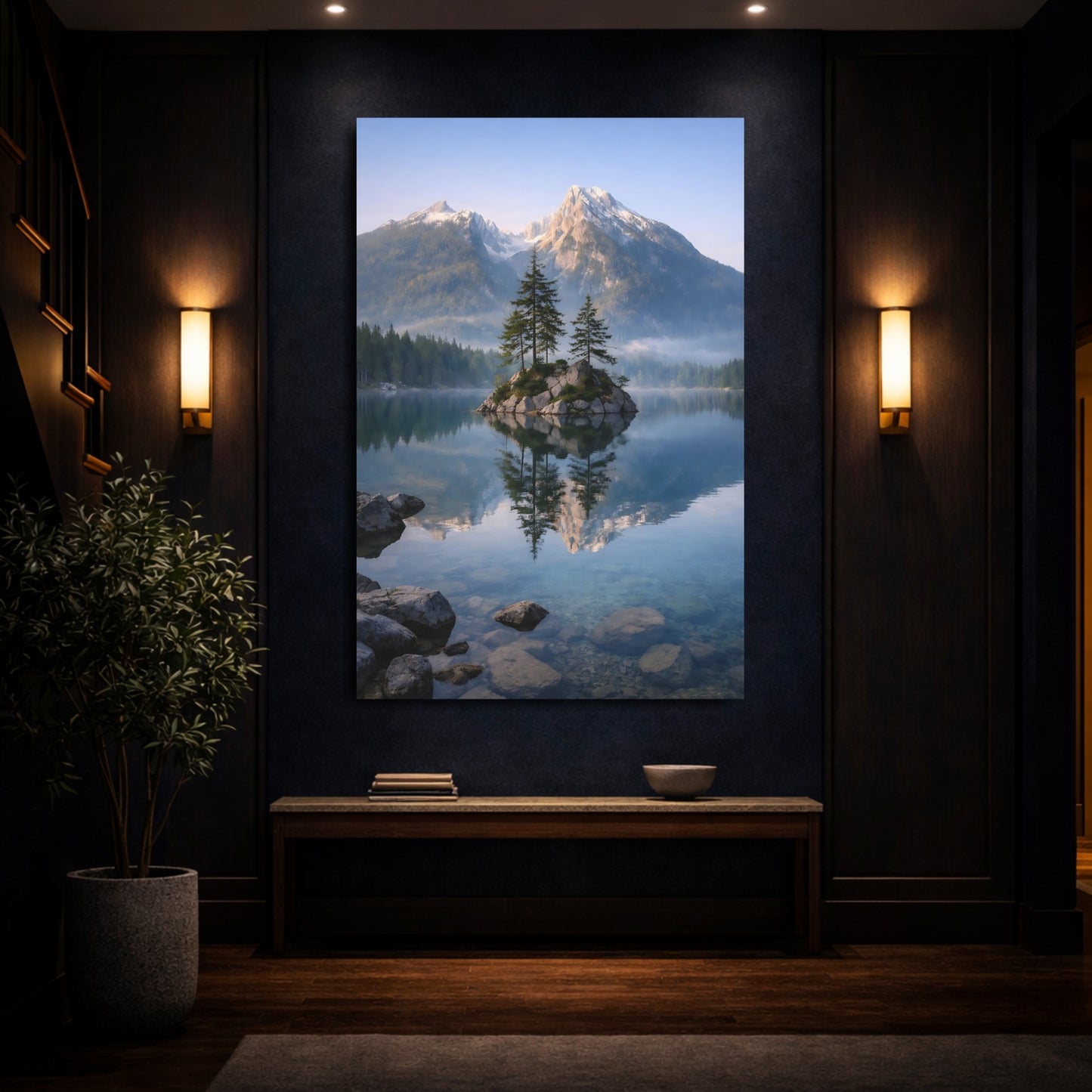 Nature Mountain Lake Blue And Green Lake shown as front canvas room wall art