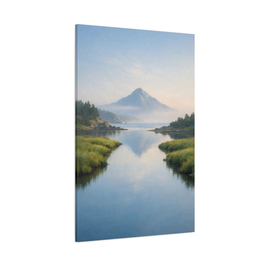 Main Mockup. Nature Mountain Lake Blue And Green Landscape shown as stretched canvas wall art