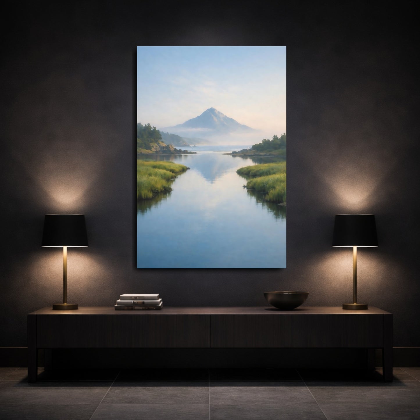 Mockup 2. Nature Mountain Lake Blue And Green Landscape shown as stretched canvas wall art