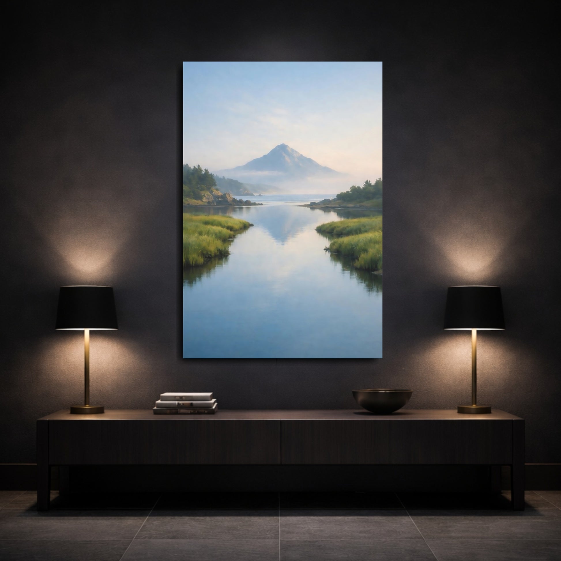 Mockup 2. Nature Mountain Lake Blue And Green Landscape shown as stretched canvas wall art