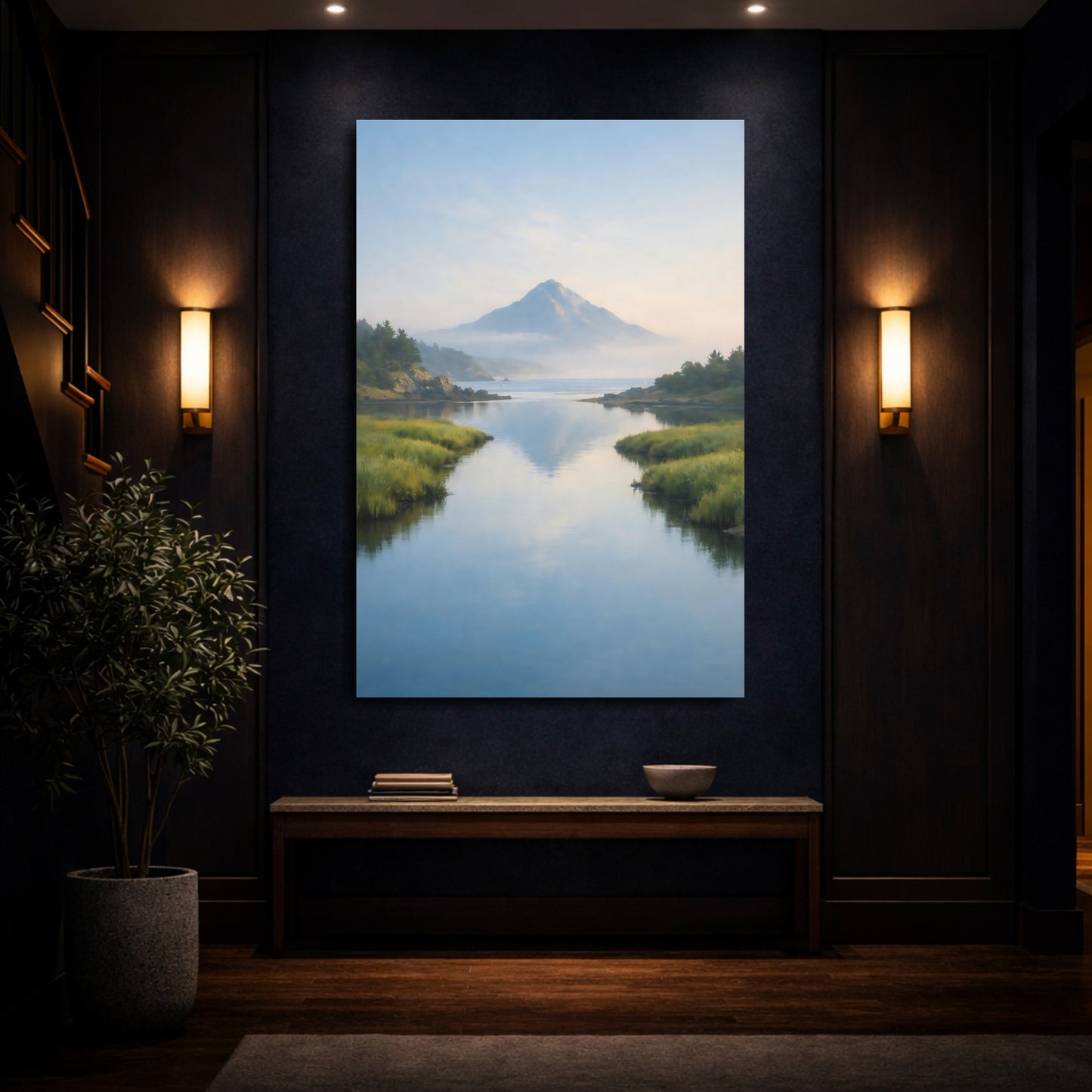 Mockup 3. Nature Mountain Lake Blue And Green Landscape shown as stretched canvas wall art