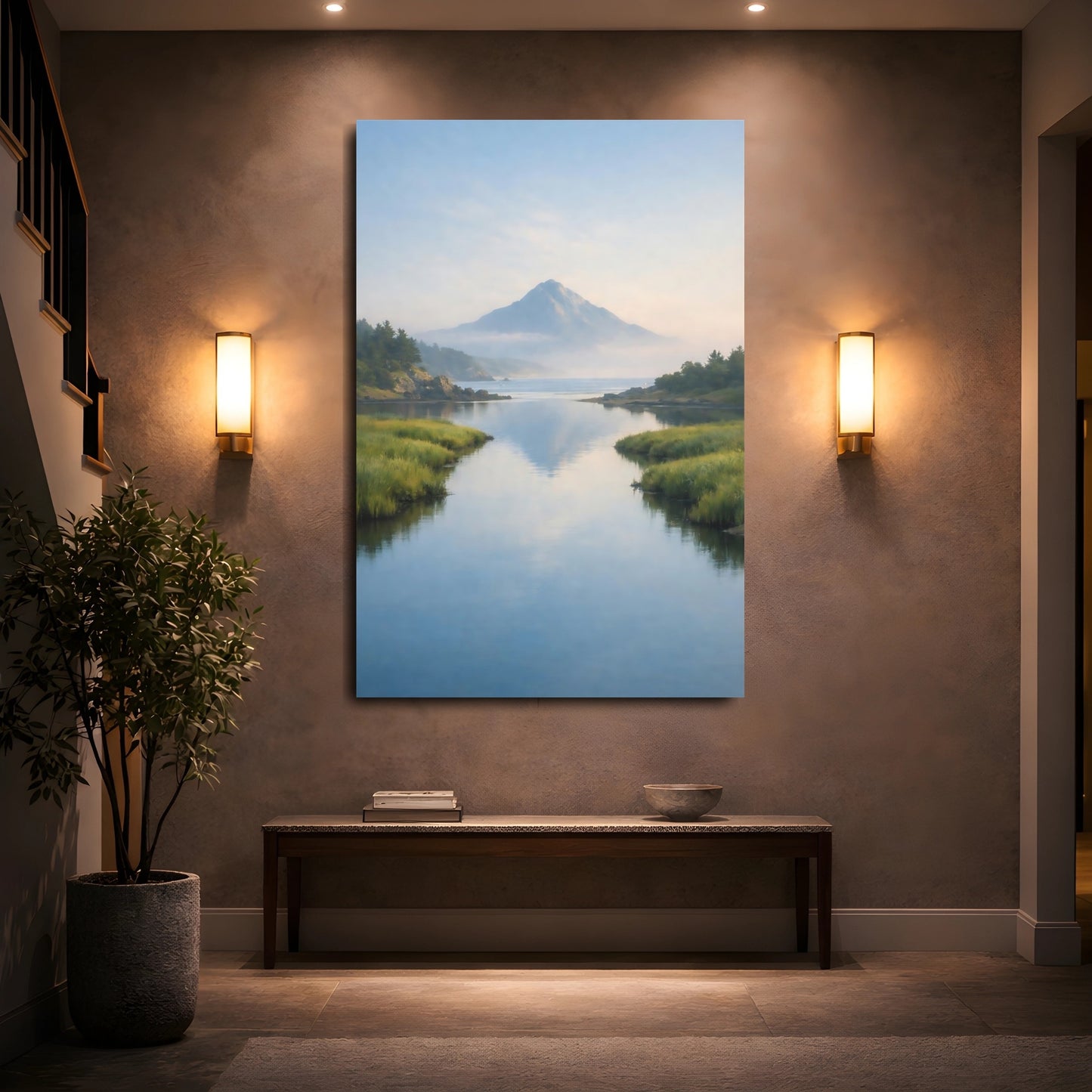 Mockup 4. Nature Mountain Lake Blue And Green Landscape shown as stretched canvas wall art