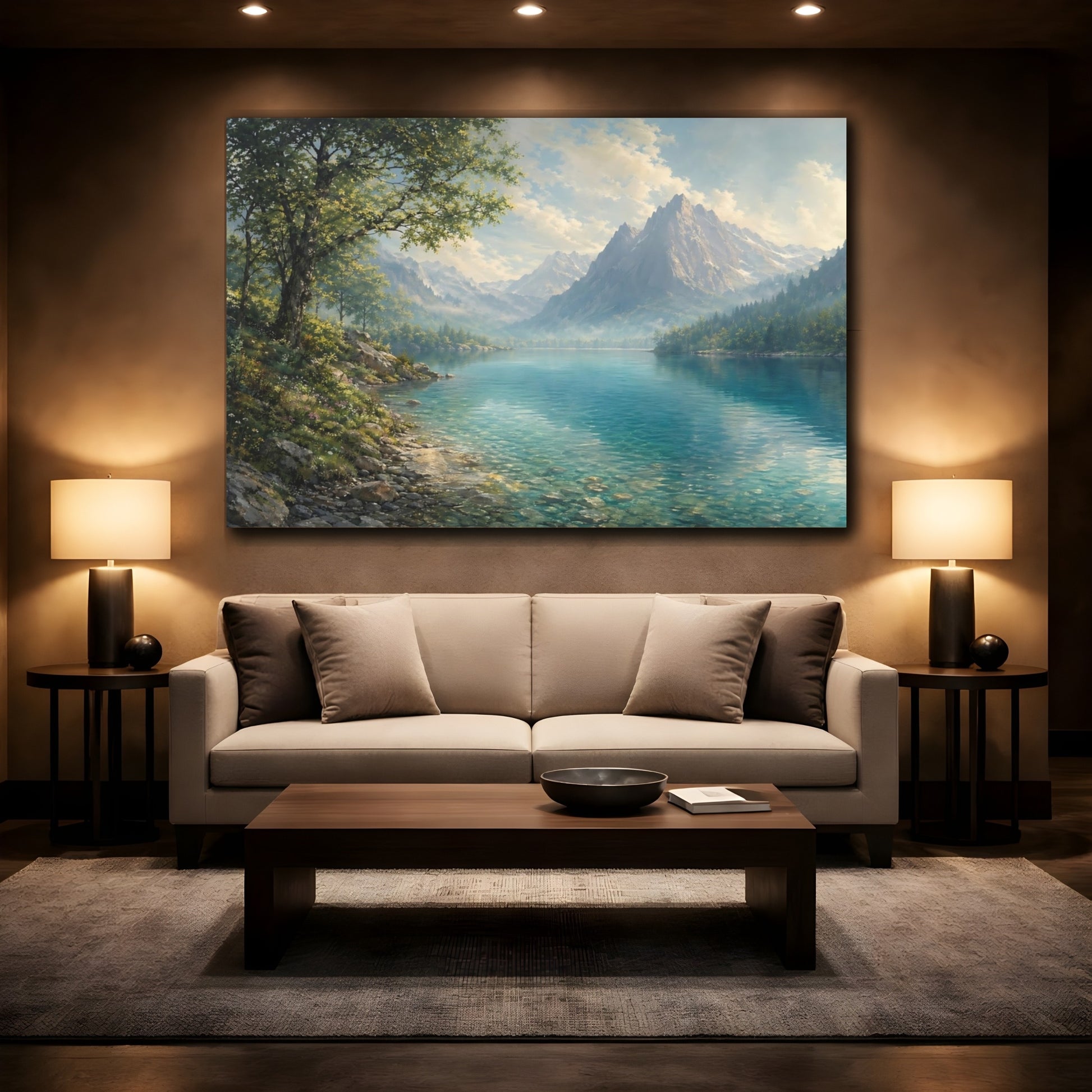 Mockup 2. Nature Mountain Lake Blue And Green shown as stretched canvas wall art
