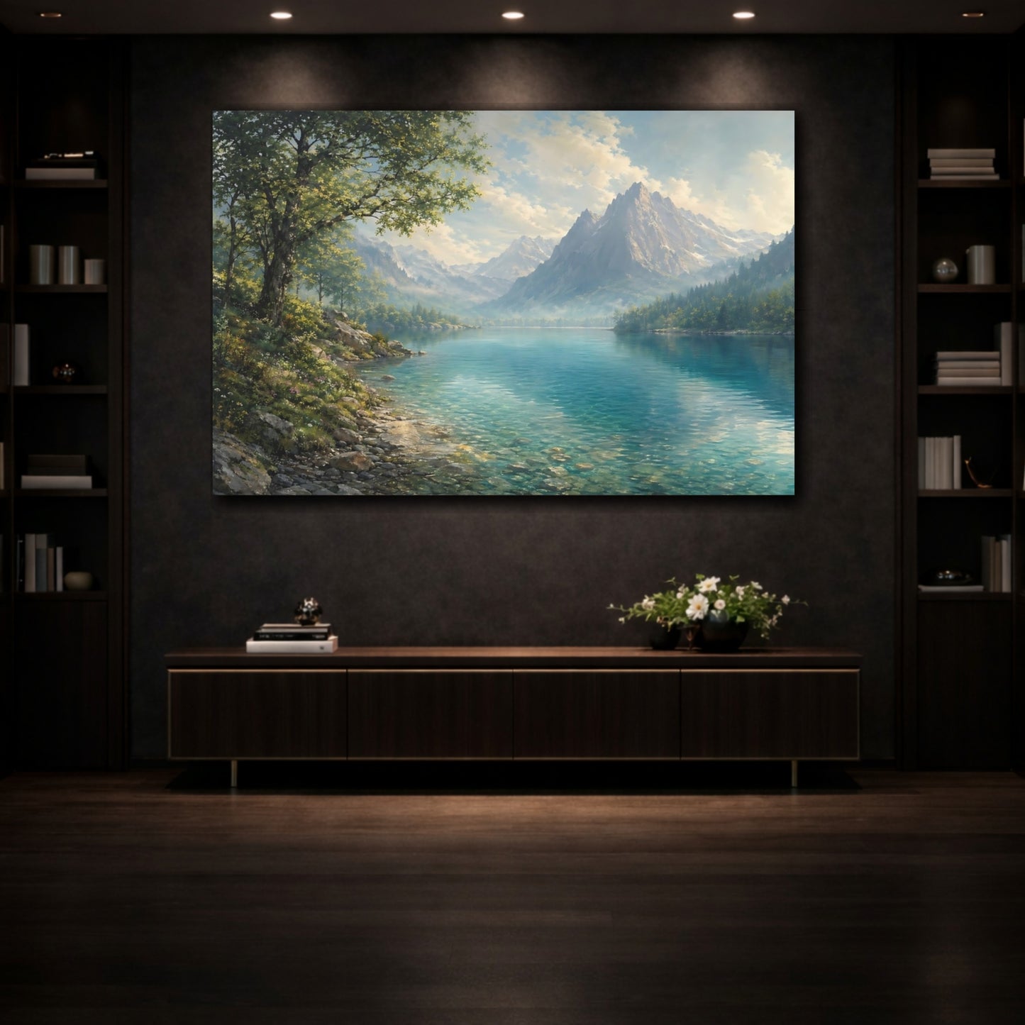 Mockup 3. Nature Mountain Lake Blue And Green shown as stretched canvas wall art