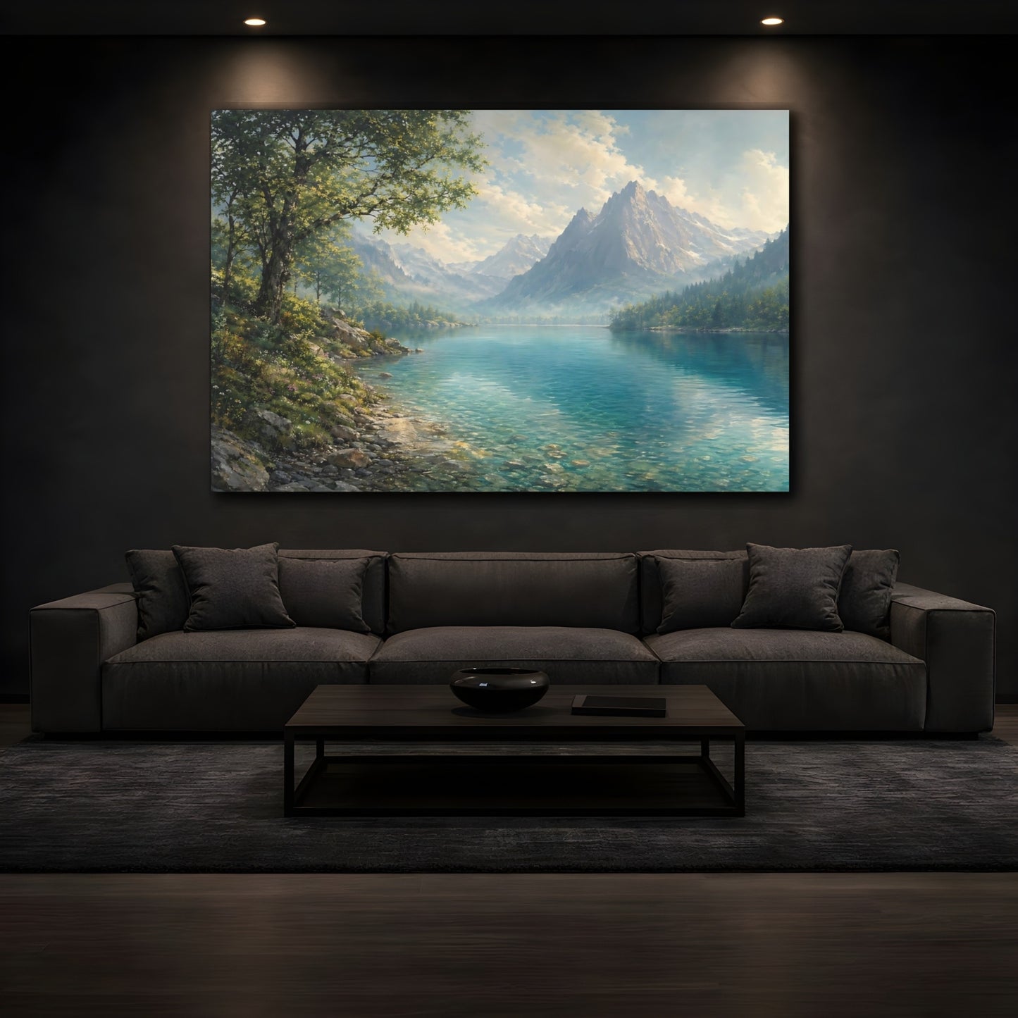 Mockup 4. Nature Mountain Lake Blue And Green shown as stretched canvas wall art