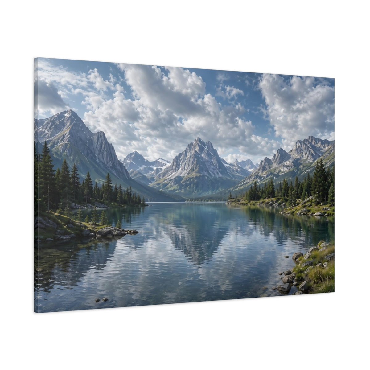 Side Mockup 1. Nature Mountain Lake Blue Lake Mountain shown as stretched canvas wall art