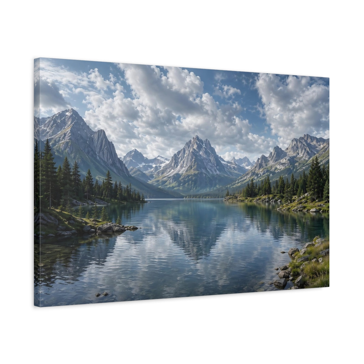 Side Mockup 2. Nature Mountain Lake Blue Lake Mountain shown as stretched canvas wall art