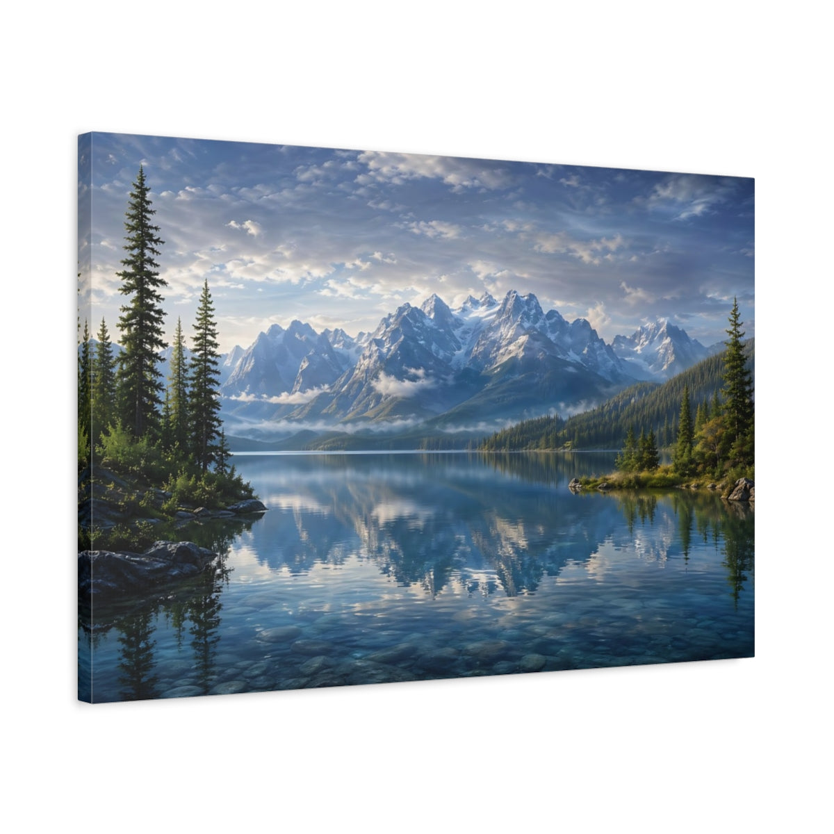 Side Mockup 2. Nature Mountain Lake Blue Lake Mountain shown as stretched canvas wall art
