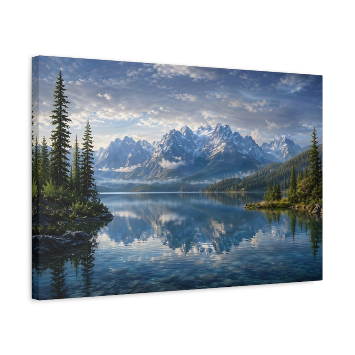 Side Mockup 3. Nature Mountain Lake Blue Lake Mountain shown as stretched canvas wall art