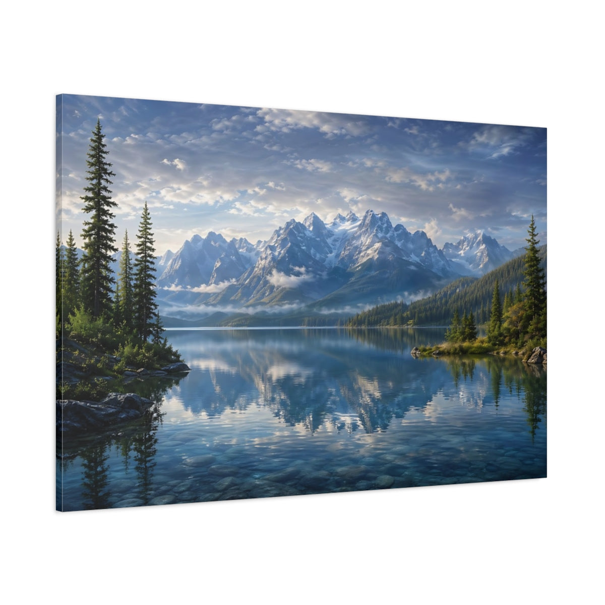 Side Mockup 1. Nature Mountain Lake Blue Lake Mountain shown as stretched canvas wall art