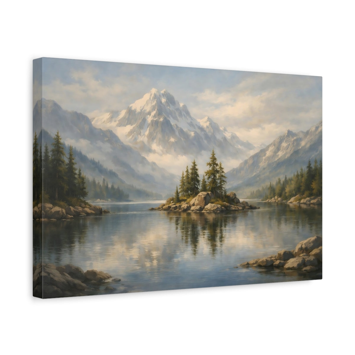 Side Mockup 4. Nature Mountain Lake Blue Mountain Lake shown as stretched canvas wall art