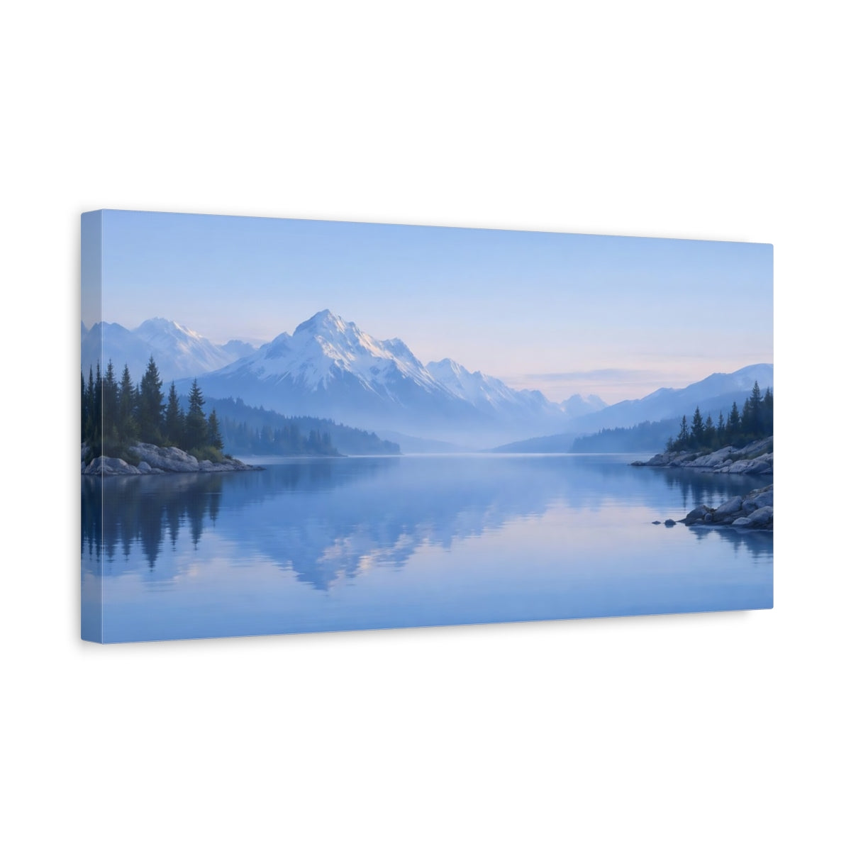 Side Mockup 3. Nature Mountain Lake Blue Mountain Lake shown as stretched canvas wall art