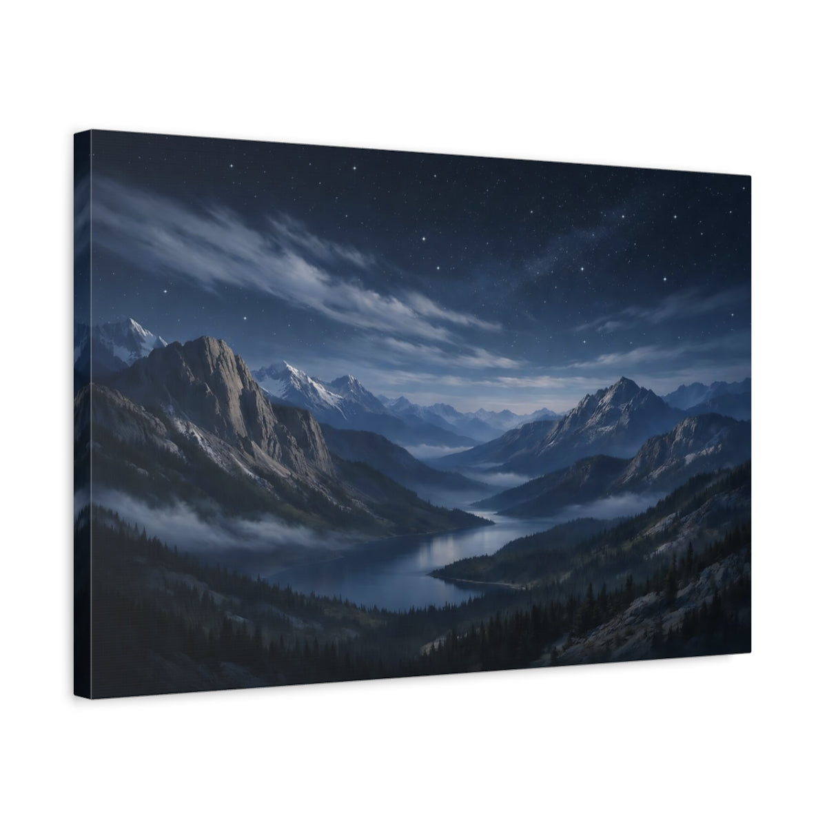 Side Mockup 3. Nature Mountain Lake Blue Mountain Lake shown as stretched canvas wall art