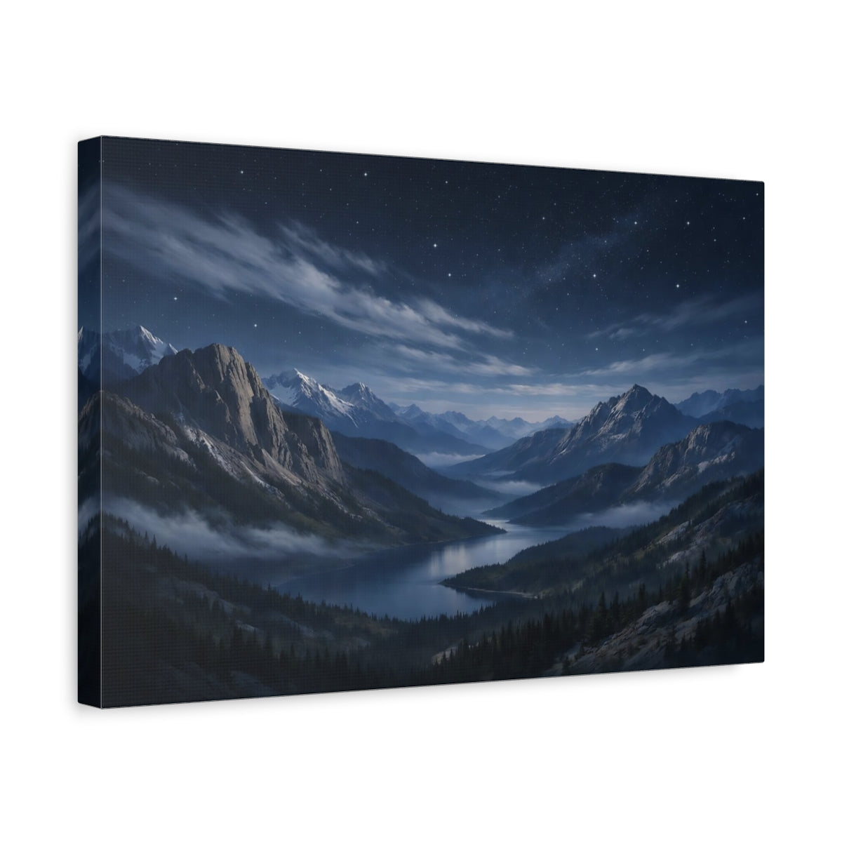 Side Mockup 4. Nature Mountain Lake Blue Mountain Lake shown as stretched canvas wall art