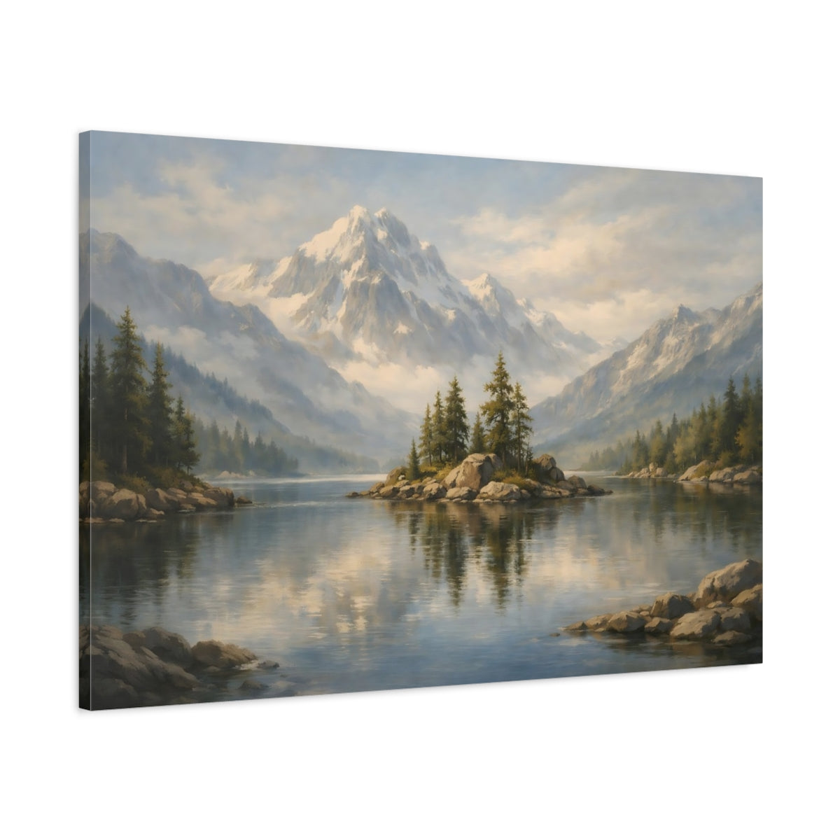 Side Mockup 1. Nature Mountain Lake Blue Mountain Lake shown as stretched canvas wall art