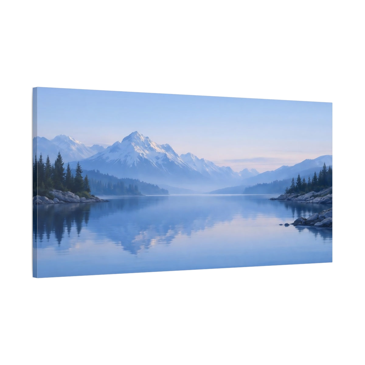 Side Mockup 1. Nature Mountain Lake Blue Mountain Lake shown as stretched canvas wall art