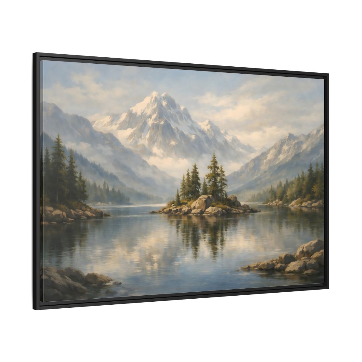 Side Mockup 12. Nature Mountain Lake Blue Mountain Lake shown as stretched canvas wall art