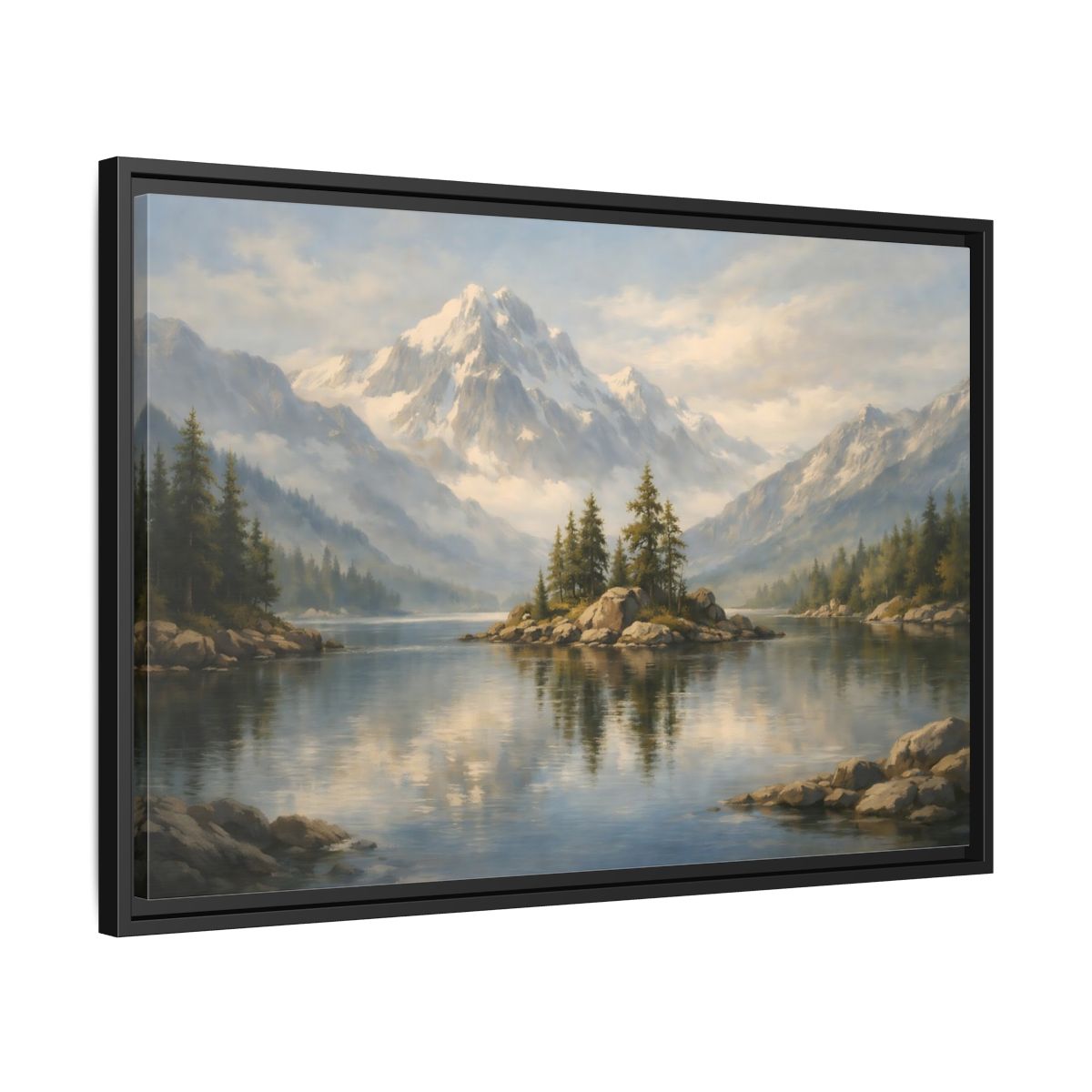 Side Mockup 14. Nature Mountain Lake Blue Mountain Lake shown as stretched canvas wall art
