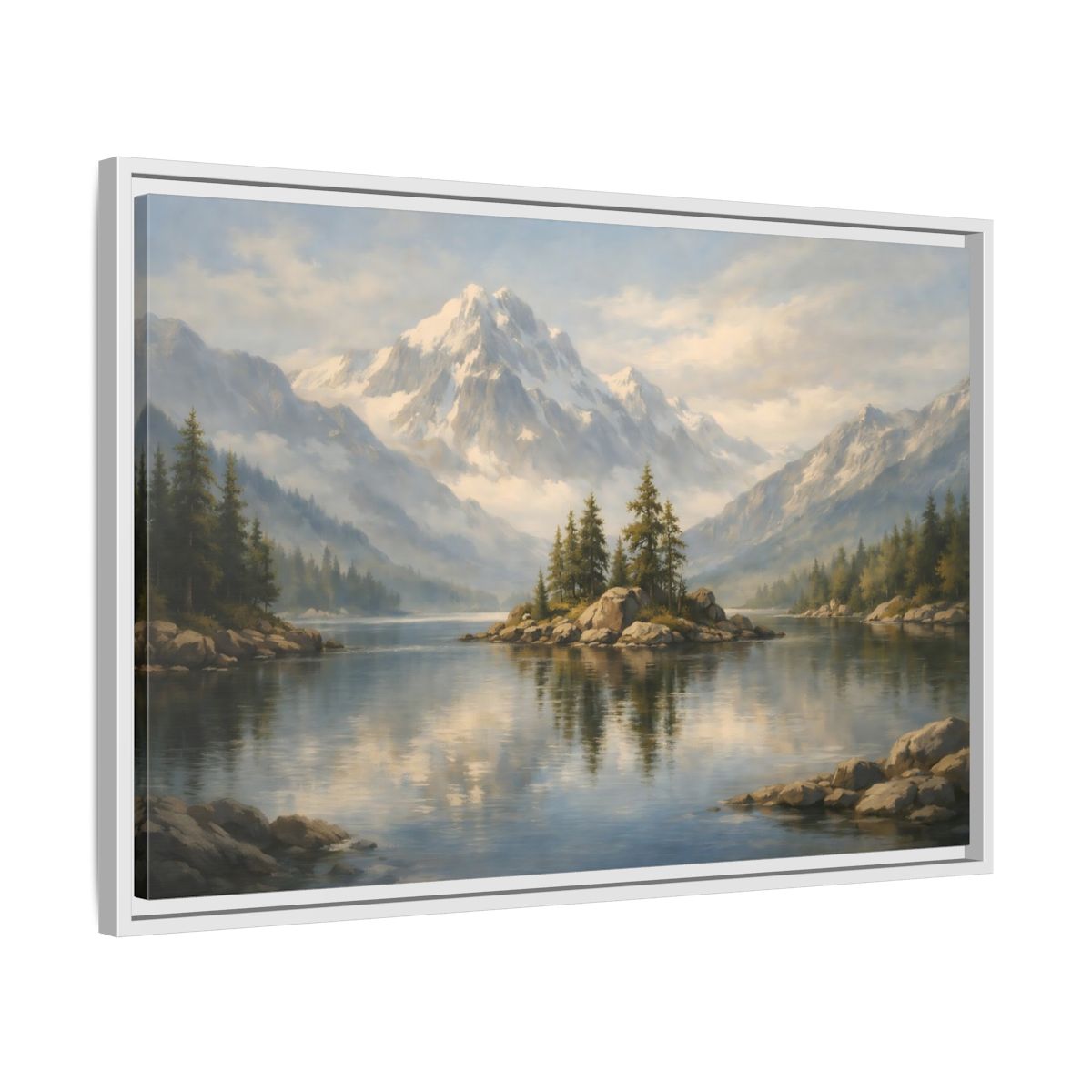 Side Mockup 10. Nature Mountain Lake Blue Mountain Lake shown as stretched canvas wall art