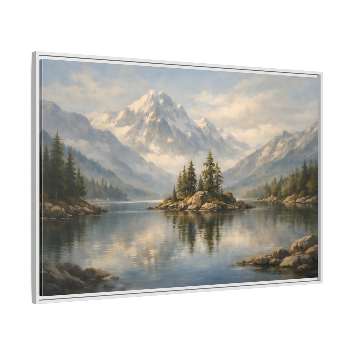 Side Mockup 7. Nature Mountain Lake Blue Mountain Lake shown as stretched canvas wall art