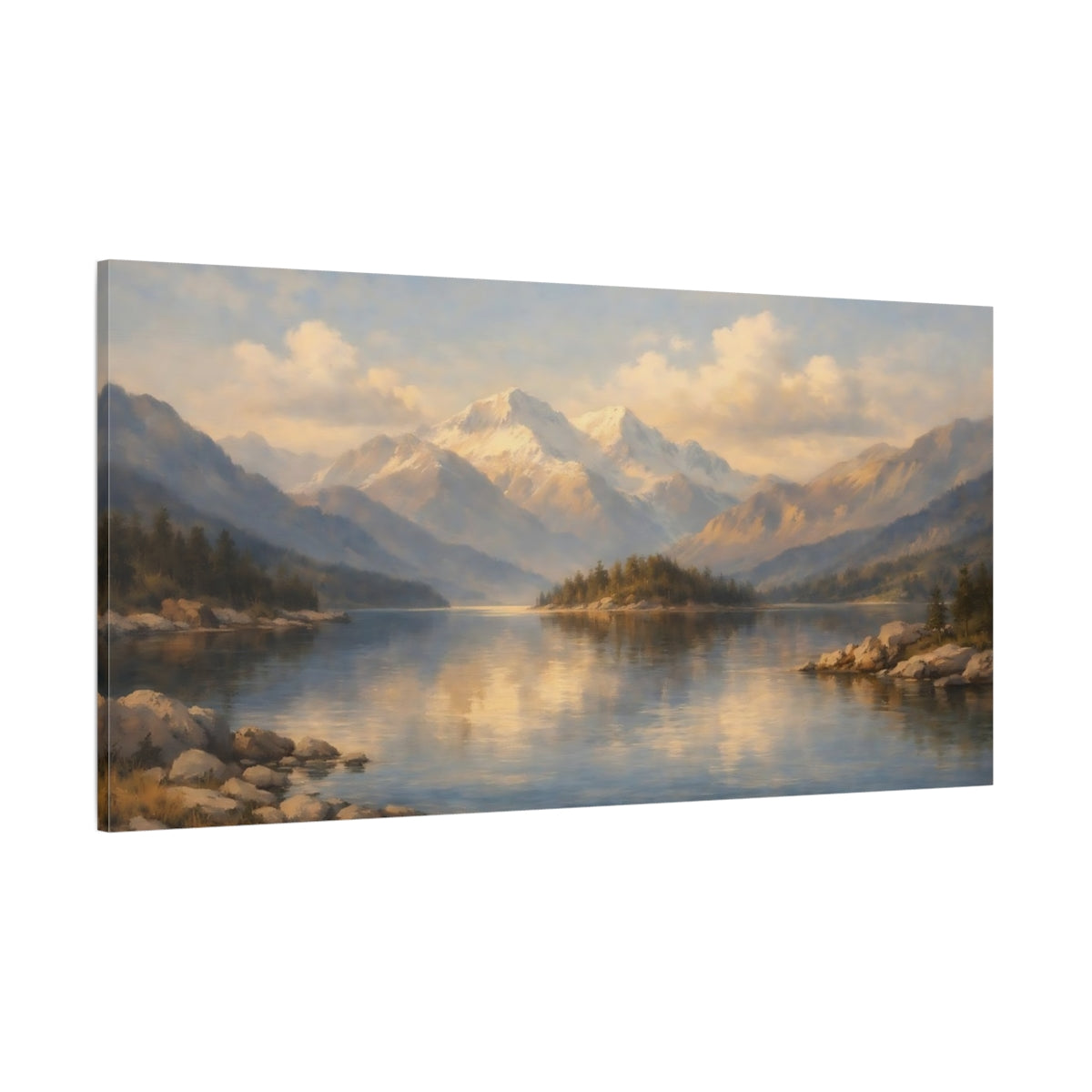 Main Mockup. Nature Mountain Lake Blue Gold Landscape shown as stretched canvas wall art